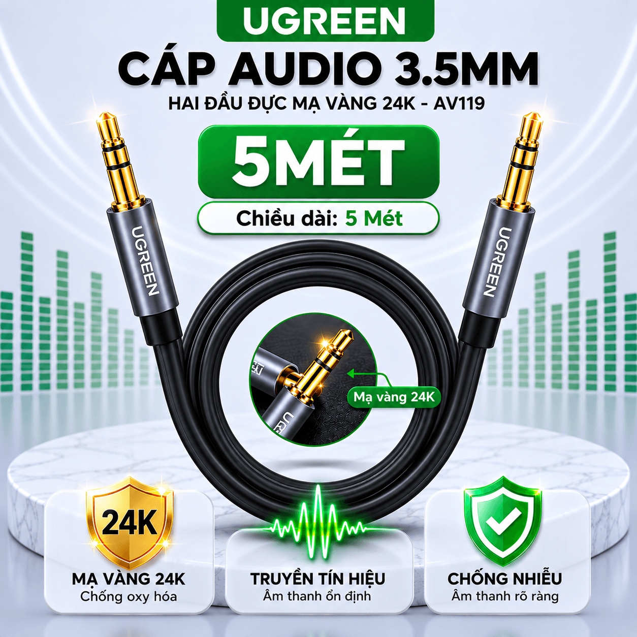 Dây Cáp Audio 3.5mm Hai Đầu Đực UGREEN AV119 Mạ Vàng 24K | Phú Quốc
