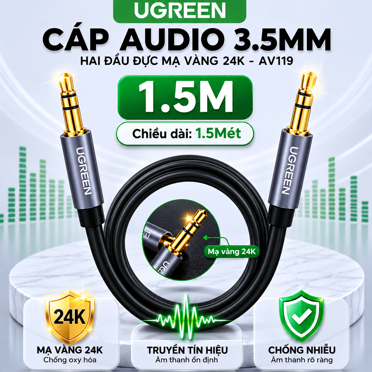 Dây Cáp Audio 3.5mm Hai Đầu Đực UGREEN AV119 Mạ Vàng 24K | Phú Quốc