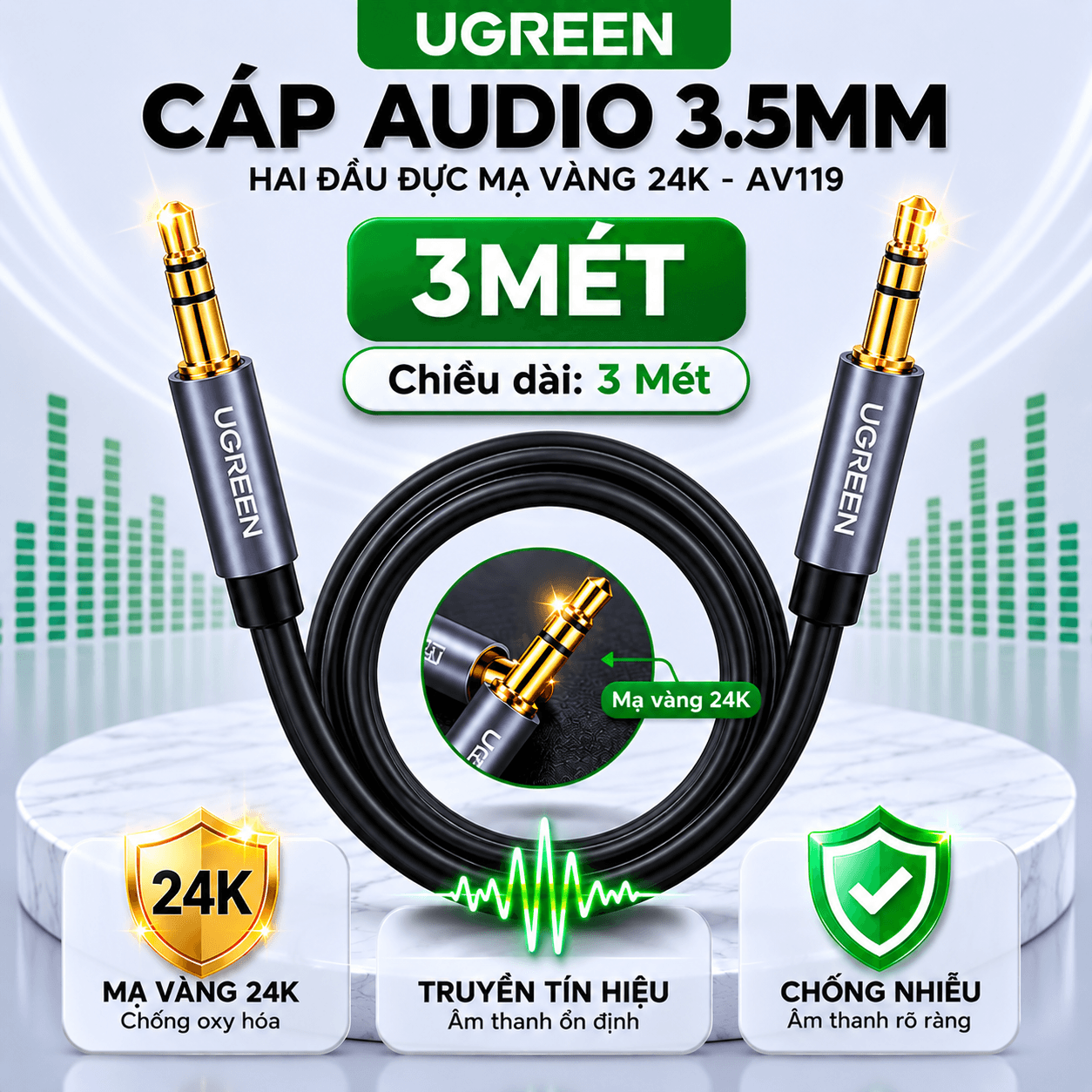 Dây Cáp Audio 3.5mm Hai Đầu Đực UGREEN AV119 Mạ Vàng 24K | Phú Quốc