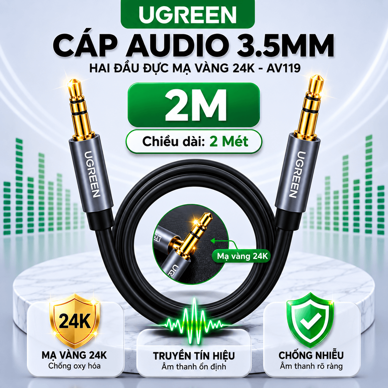 Dây Cáp Audio 3.5mm Hai Đầu Đực UGREEN AV119 Mạ Vàng 24K | Phú Quốc