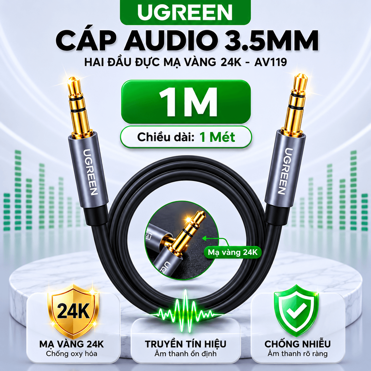 Dây Cáp Audio 3.5mm Hai Đầu Đực UGREEN AV119 Mạ Vàng 24K | Phú Quốc