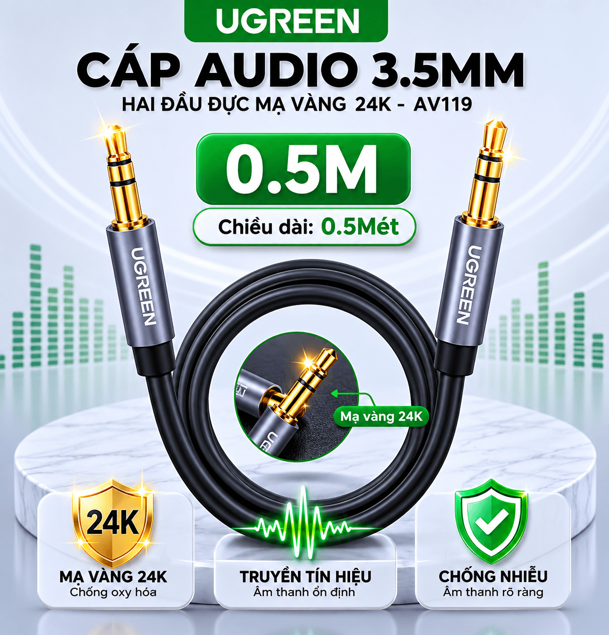 Dây Cáp Audio 3.5mm Hai Đầu Đực UGREEN AV119 Mạ Vàng 24K | Phú Quốc
