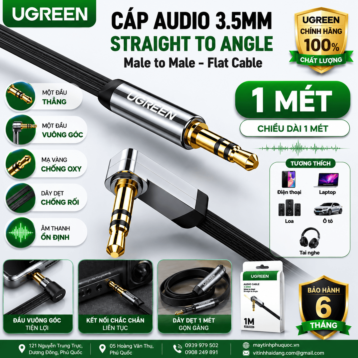 Dây Audio 3.5mm Dẹt Đầu Vuông 90 Độ UGREEN AV119 | Phú Quốc