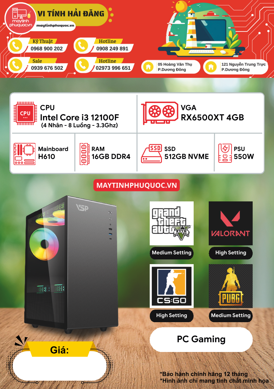 PC Gaming Intel Core i3 12100F  RX6500XT 4GB  RAM 16GB  SSD NVMe 512GB