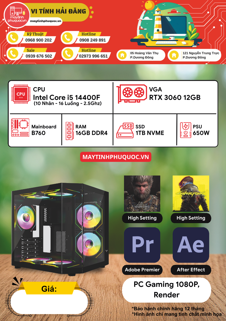 PC Gaming & Render Intel i5 14400F | RTX 3060 12GB – Hiệu Năng Mạnh Mẽ Cho Game Và Đồ Họa Tại Phú Quốc