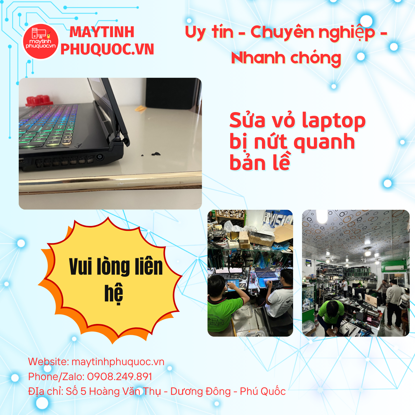 Sửa vỏ laptop bị nứt quanh bản lề - Dịch Vụ Sửa Chữa Laptop Phú Quốc | Máy Tính Phú Quốc | Vi Tính Hải Đăng