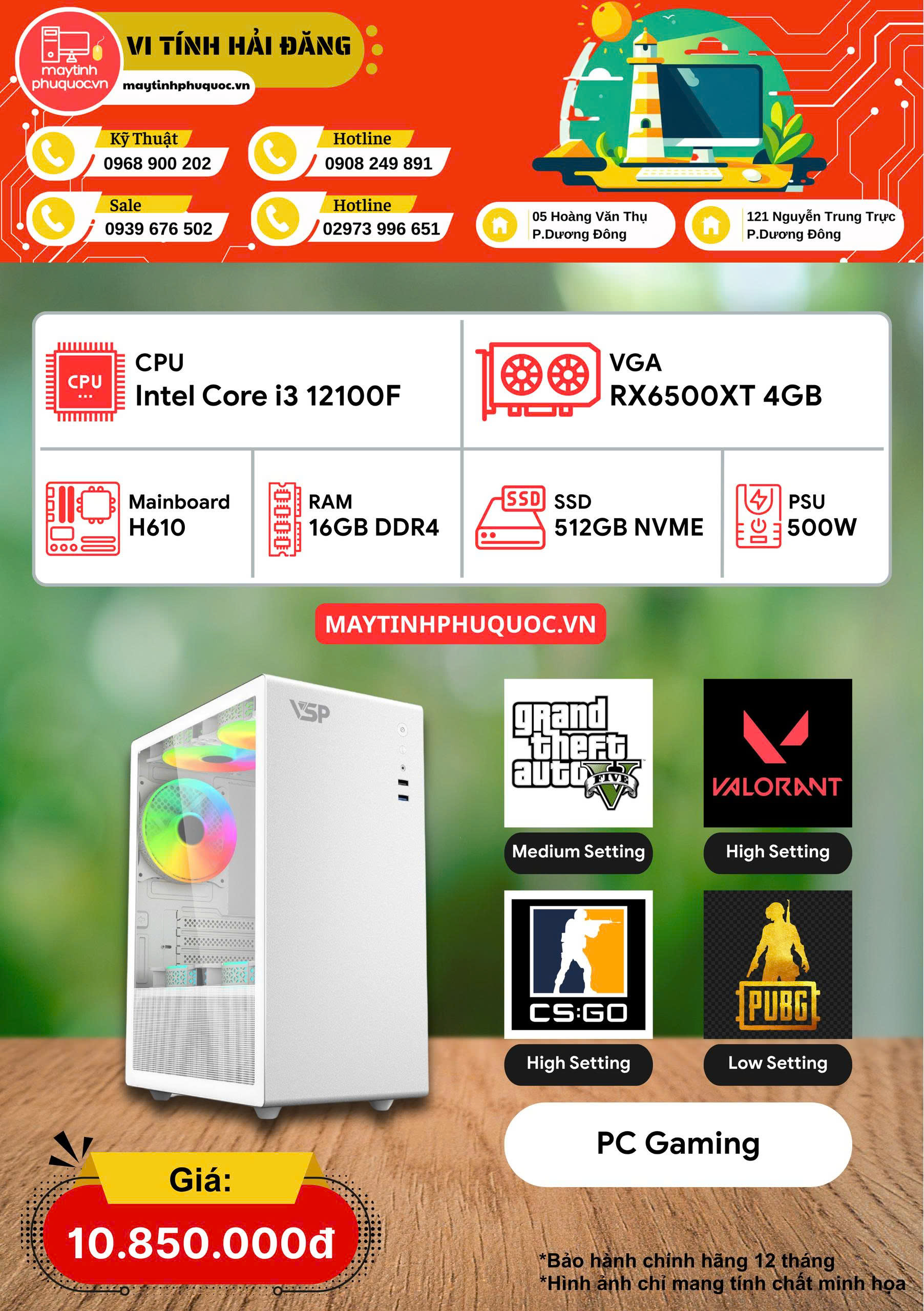 PC Gaming Intel Core i3 12100F  RX6500XT 4GB  RAM 16GB  SSD NVMe 512GB