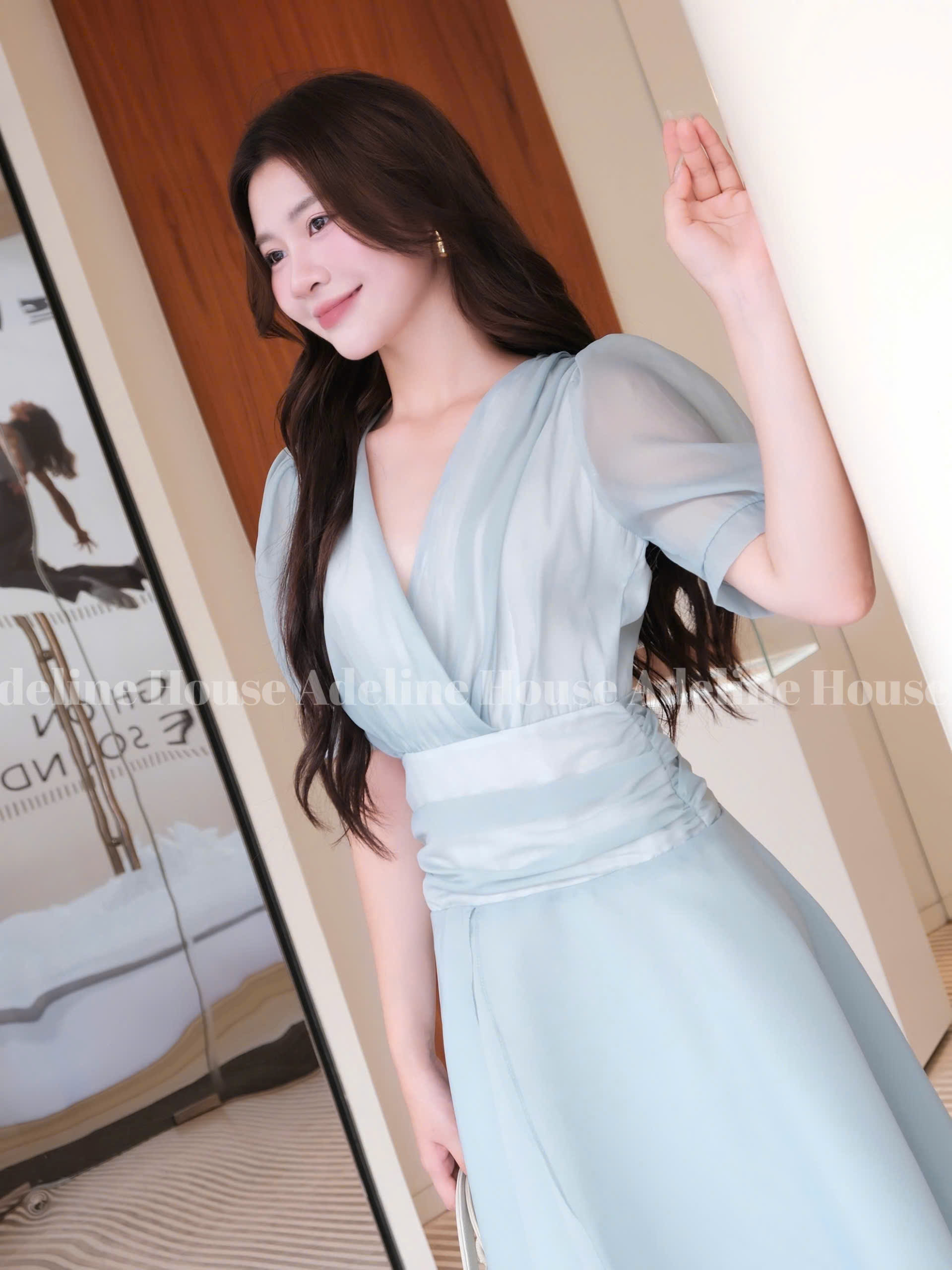 ADELINE HOUSE- Đầm Xanh Ngọc Pastel Cổ V Dáng Xòe – Váy Thiết Kế Nữ Tính Thanh Lịch Adeline- TK58.1