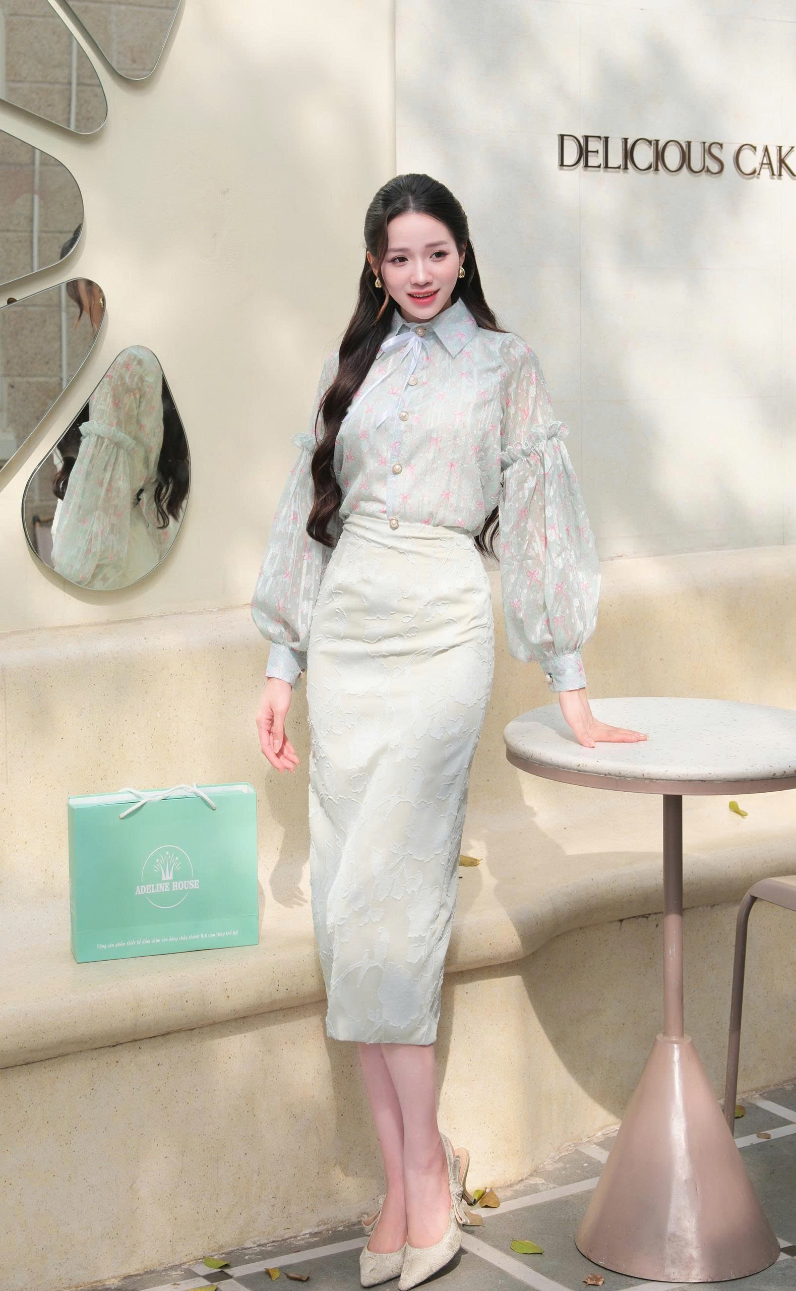 Adeline house - Chân váy MIDI xanh mint thêu ren - TK136.2