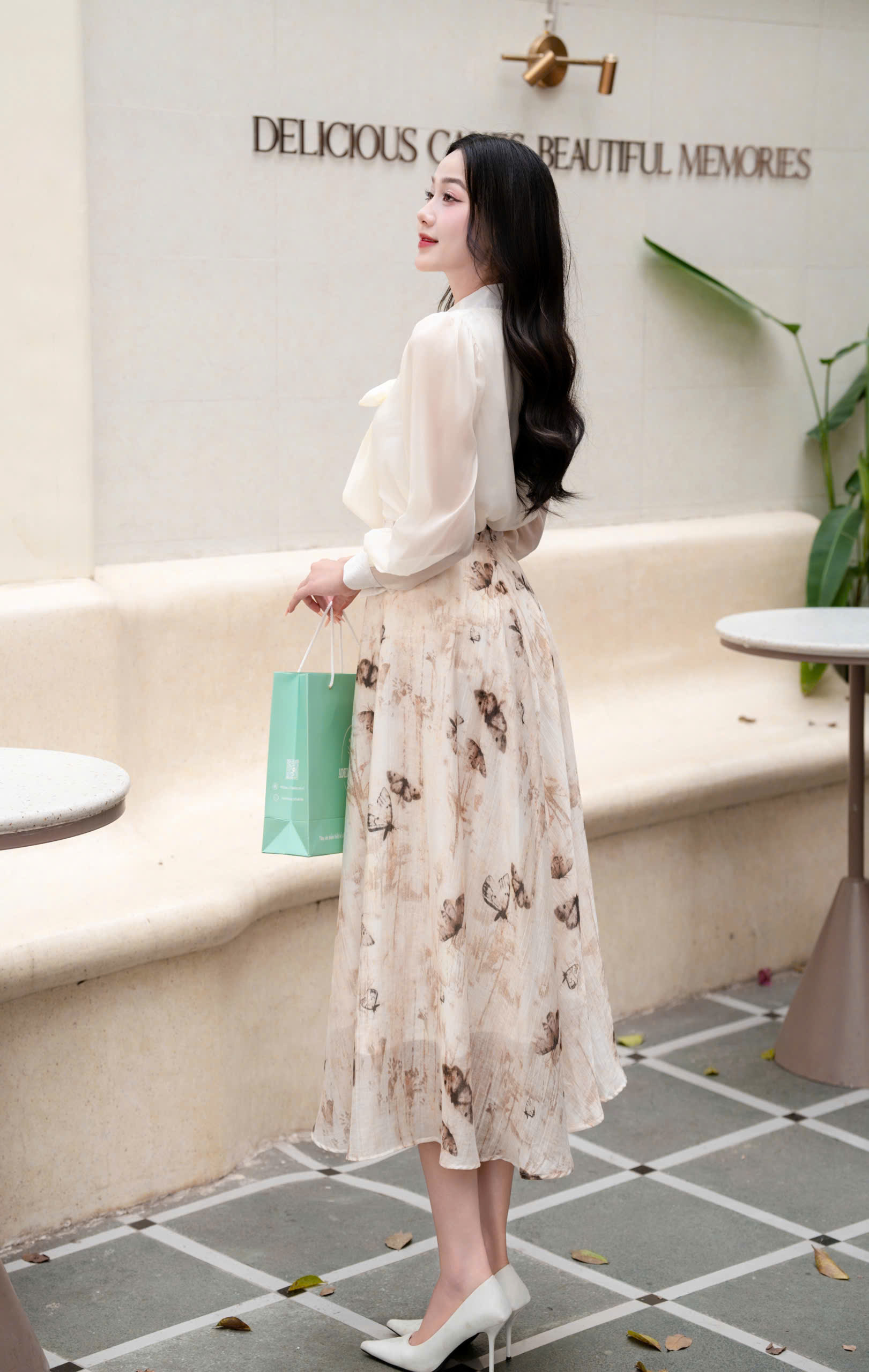 ADELINE HOUSE- Set Áo Nơ Voan + Chân Váy Hoa Lê Nâu Dáng Dài Thanh Lịch- TK155.4