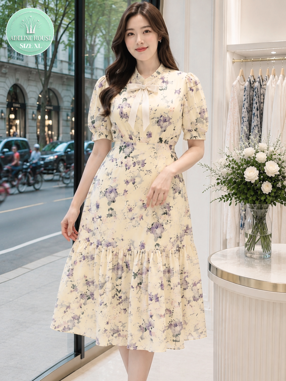 ADELINE HOUSE-🎁Đầm Hoa Vàng Pastel Cổ Nơ - Váy Xòe Dáng A Thanh Lịch TK208.1