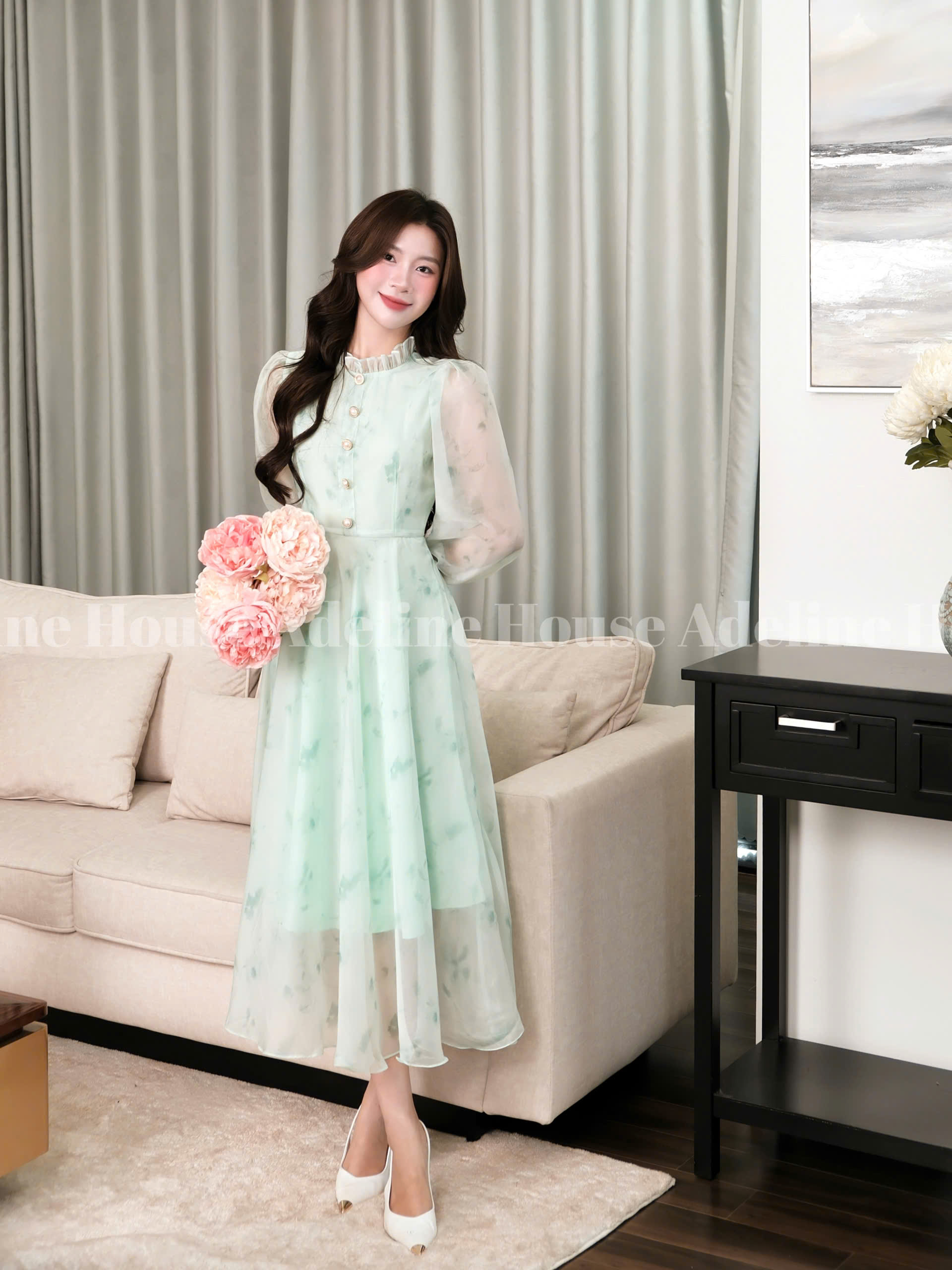 ADELINE HOUSE- Đầm Xanh Voan Dáng Dài Cổ Bèo – Váy Thiết Kế Thanh Lịch Adeline- TK61.1 SIZE XS S M L XL 2XL 3XL 4XL