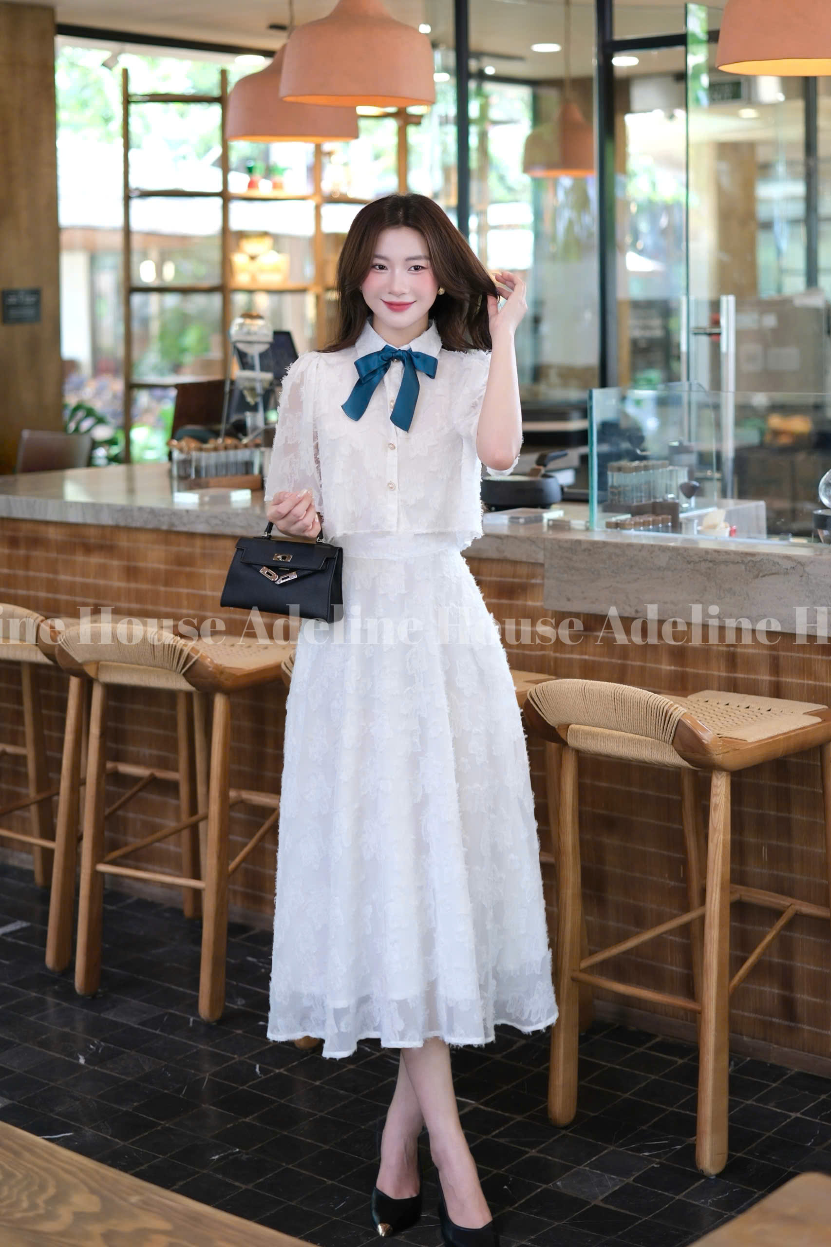 ADELINE HOUSE- Set Áo Croptop Tay Lỡ và Chân Váy Midi Xòe Hoa Nổi Pastel- TK26.2+TK26.3 Trắng+Be SIZE S M L XL 2XL 3XL 4XL