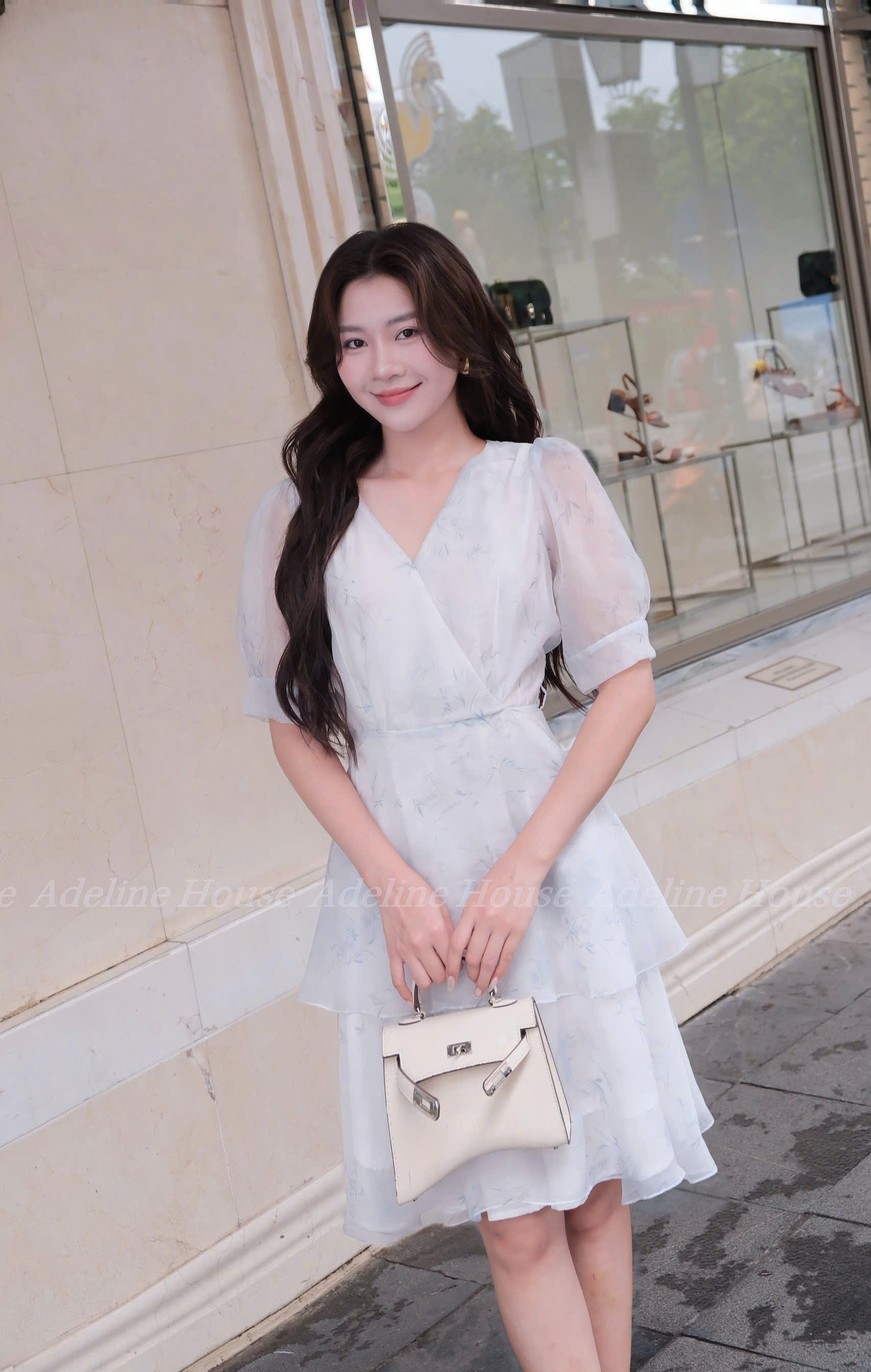 Adeline House - Váy cổ V tay bồng xòe tầng dáng lửng - TK66
