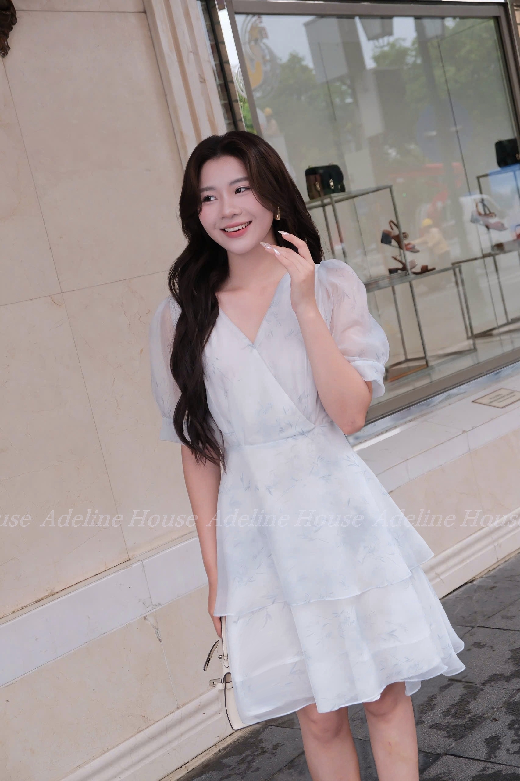 Adeline House - Váy cổ V tay bồng xòe tầng dáng lửng - TK66