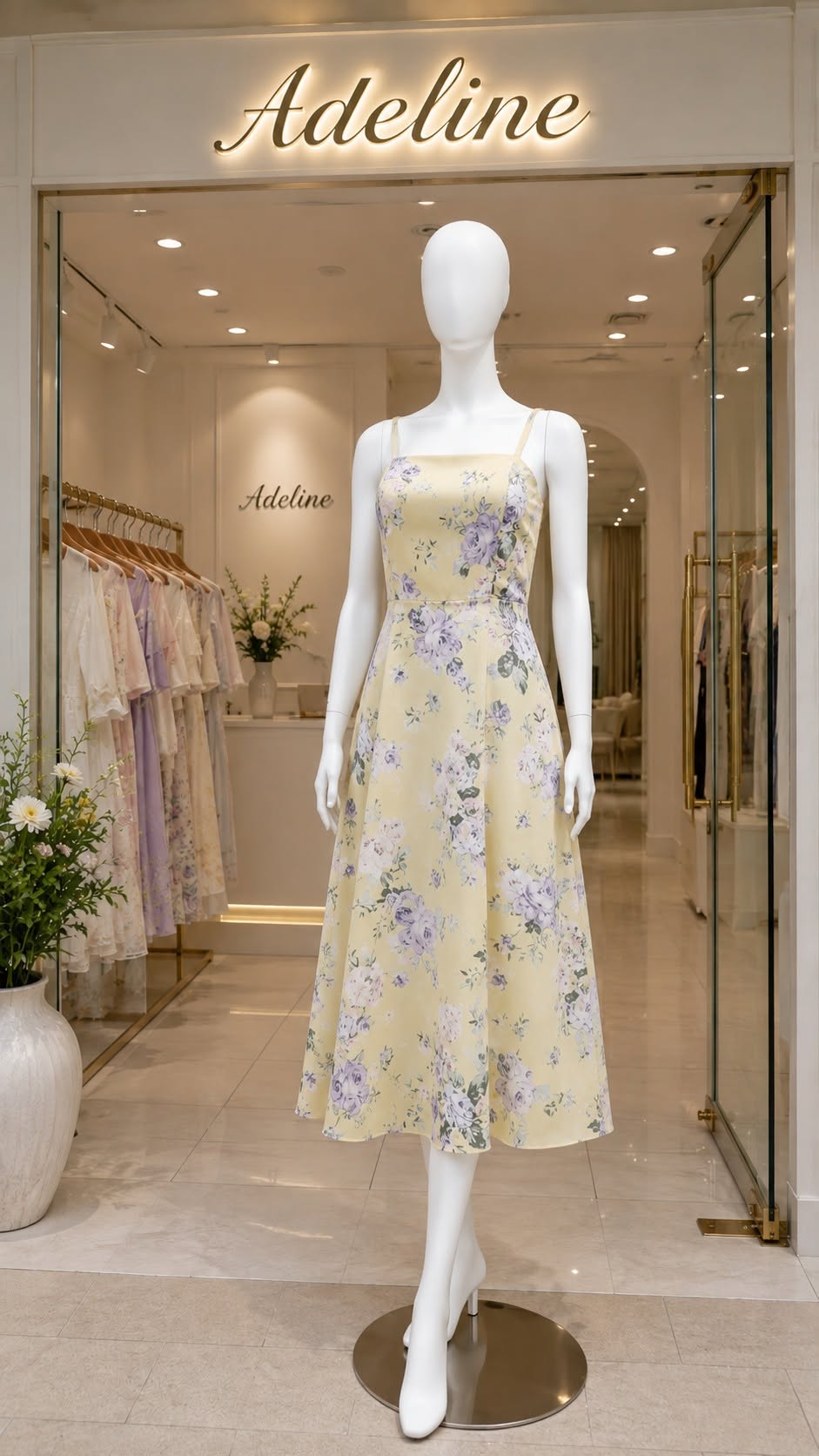 ADELINE HOUSE-Váy Hai Dây Hoa Tím Nền Vàng Pastel TK210.1
