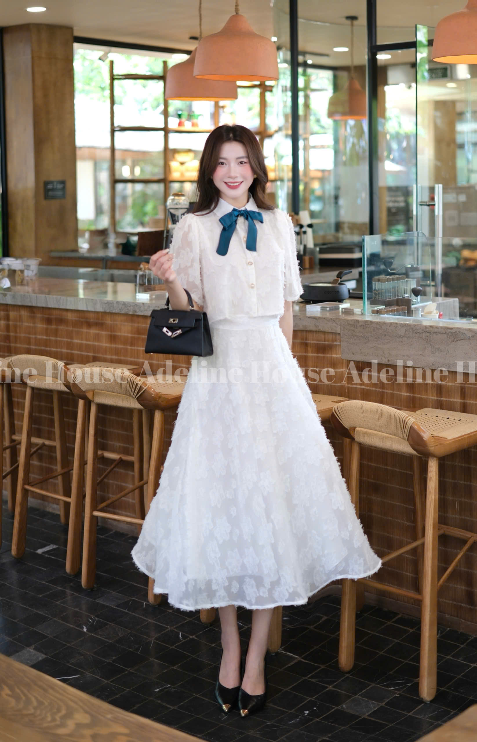 ADELINE HOUSE- Set Áo Croptop Tay Lỡ và Chân Váy Midi Xòe Hoa Nổi Pastel- TK26.2+TK26.3 Trắng+Be SIZE S M L XL 2XL 3XL 4XL