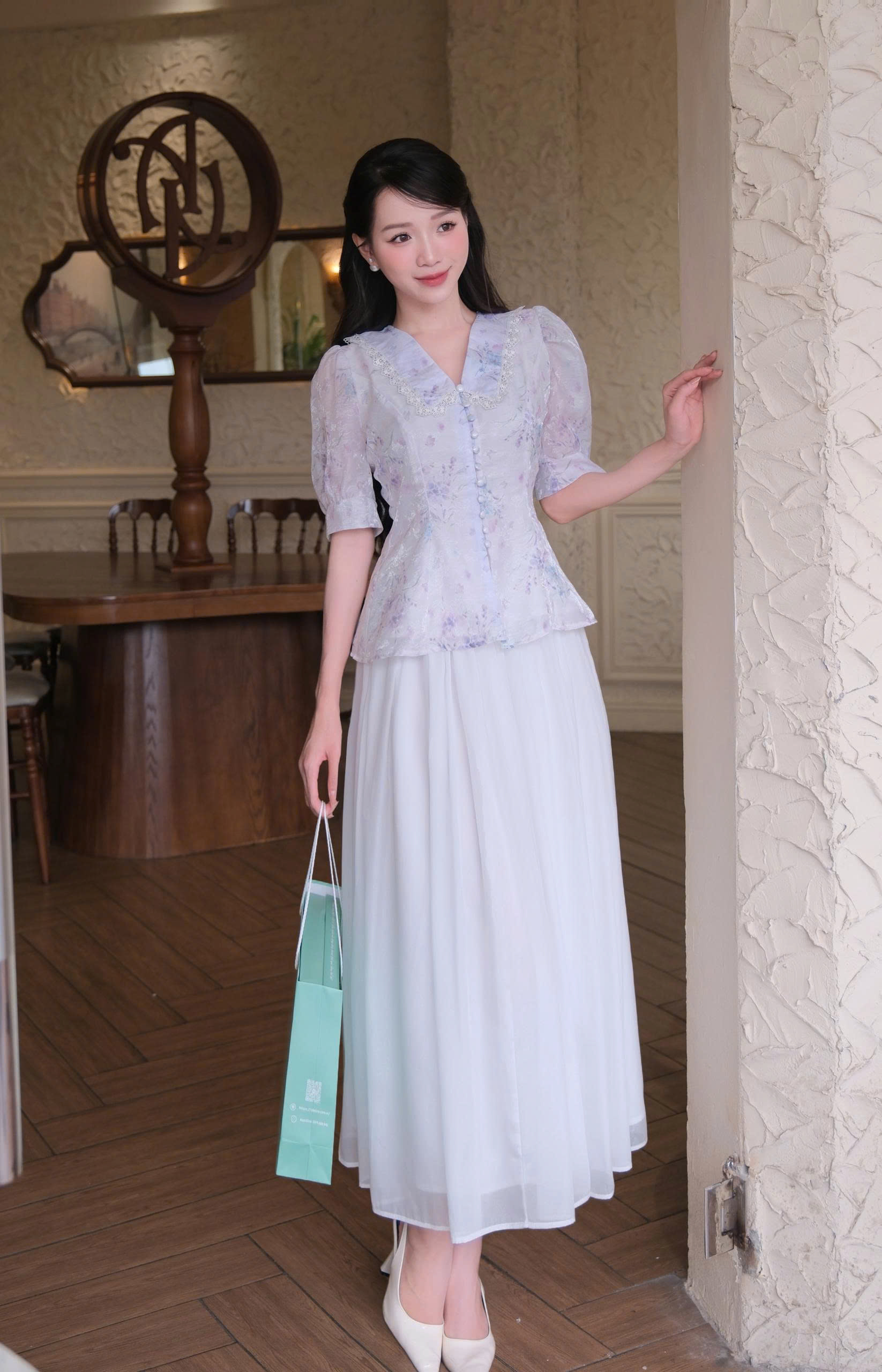 ADELINE HOUSE- Set Áo Hoa Voan Tay Ngắn + Chân Váy Maxi Dài Xòe Thanh Lịch- TK127 TK132 SIZE XS S M L XL 2XL 3XL 4XL
