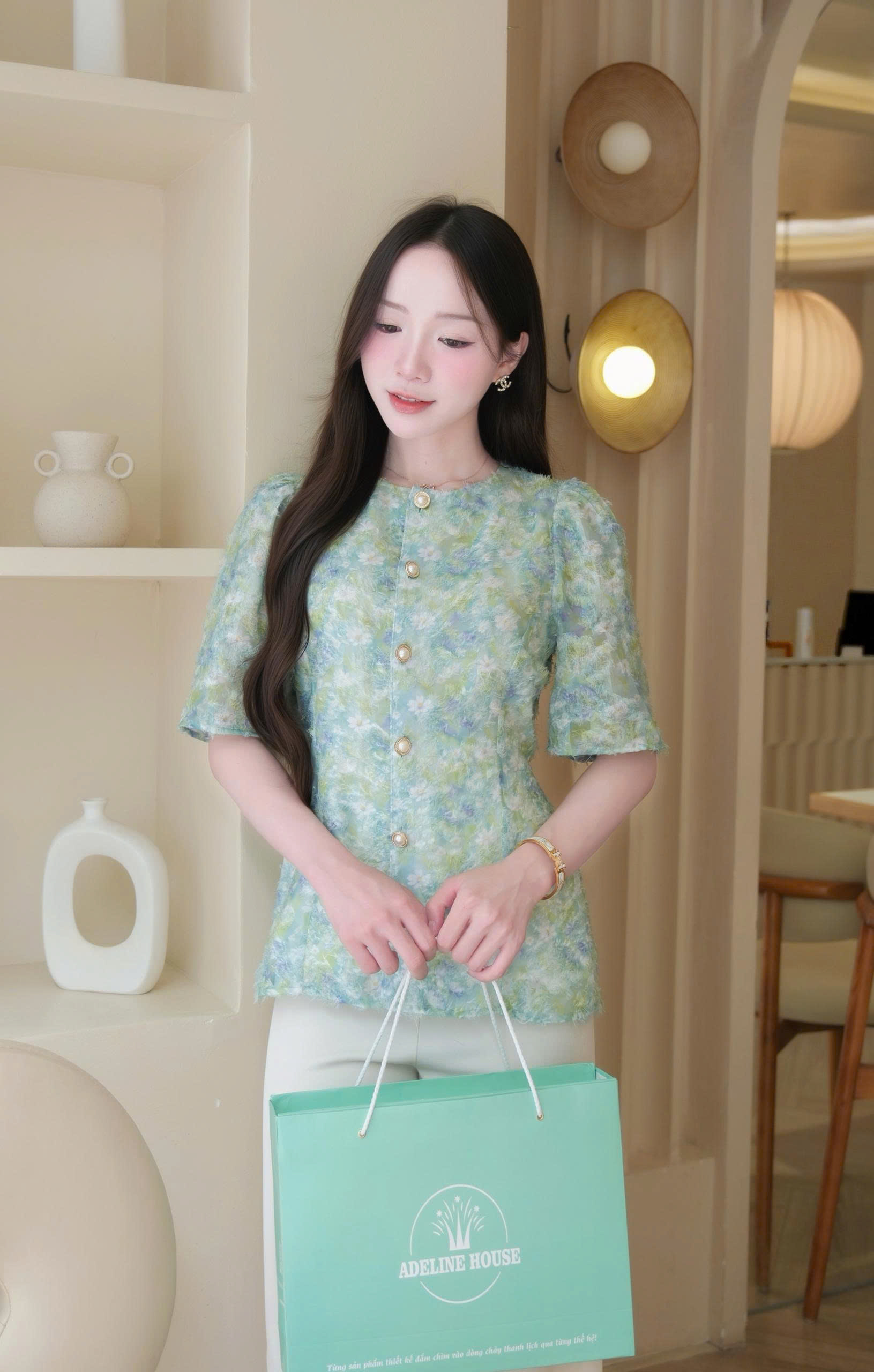 ADELINE HOUSE- SET ÁO HOA XANH + QUẦN SUÔNG THANH LỊCH - TK151.2 + TK189.1