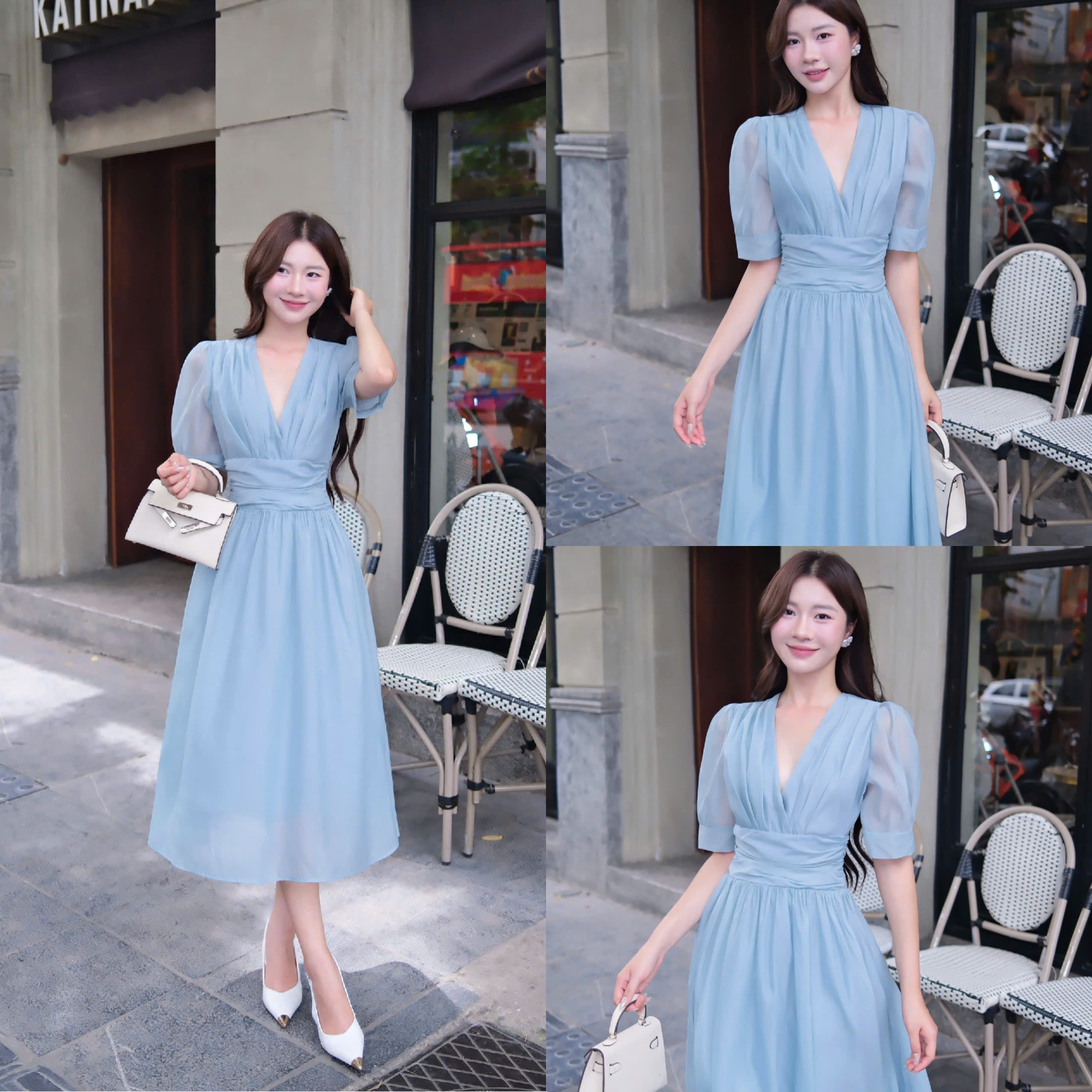 ADELINE HOUSE Đầm Voan Xanh Ngọc  Thanh Lịch Dáng Midi- TK39.1