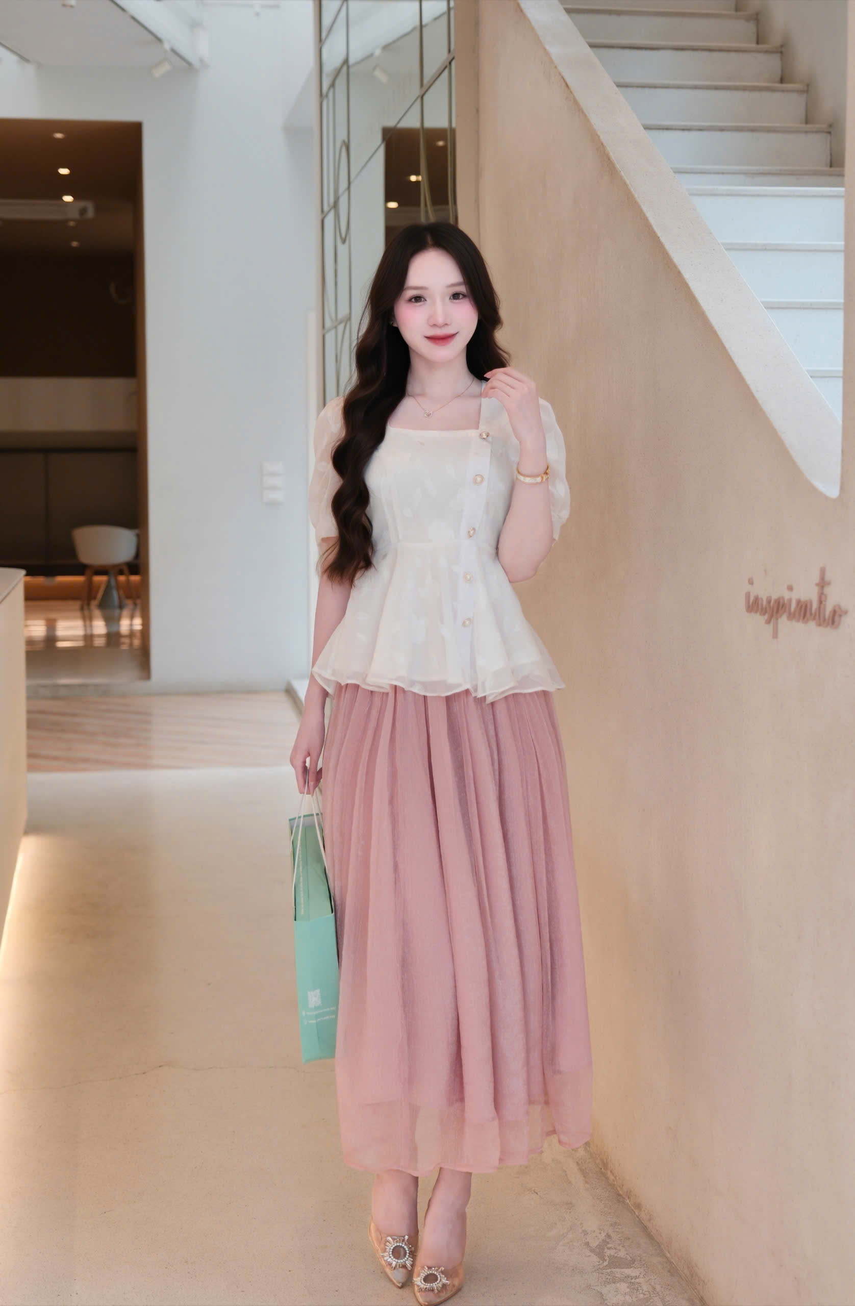 ADELINE HOUSE- Chân váy maxi dáng dài voan- Màu Hồng