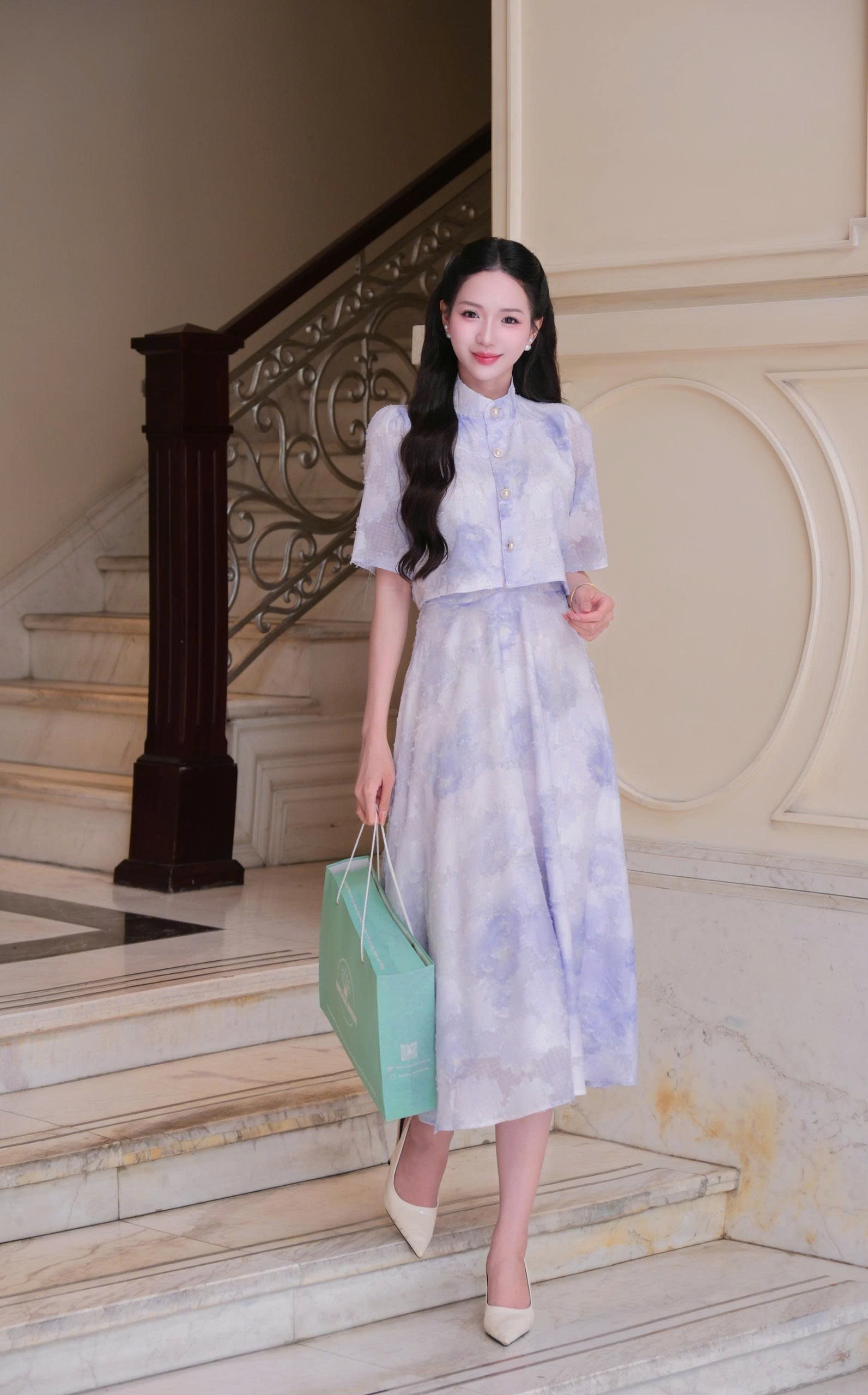 Adeline house - Set váy cổ tàu họa tiết thêu hoa tím - TK154.1