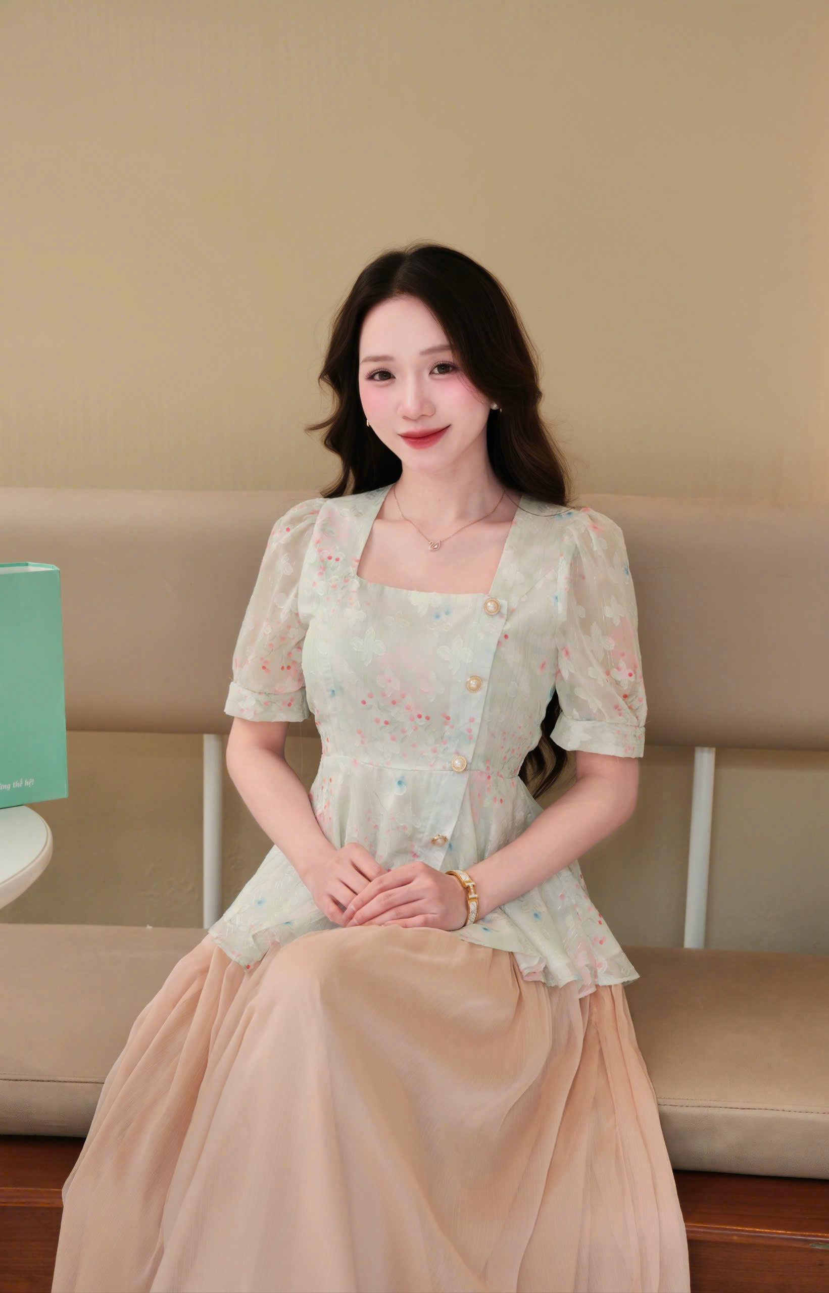 ADELINE HOUSE -  SET ÁO HOA NỔI TAY PHỒNG + CHÂN VÁY MIDI DÀI – TK 181.1 + 166.3