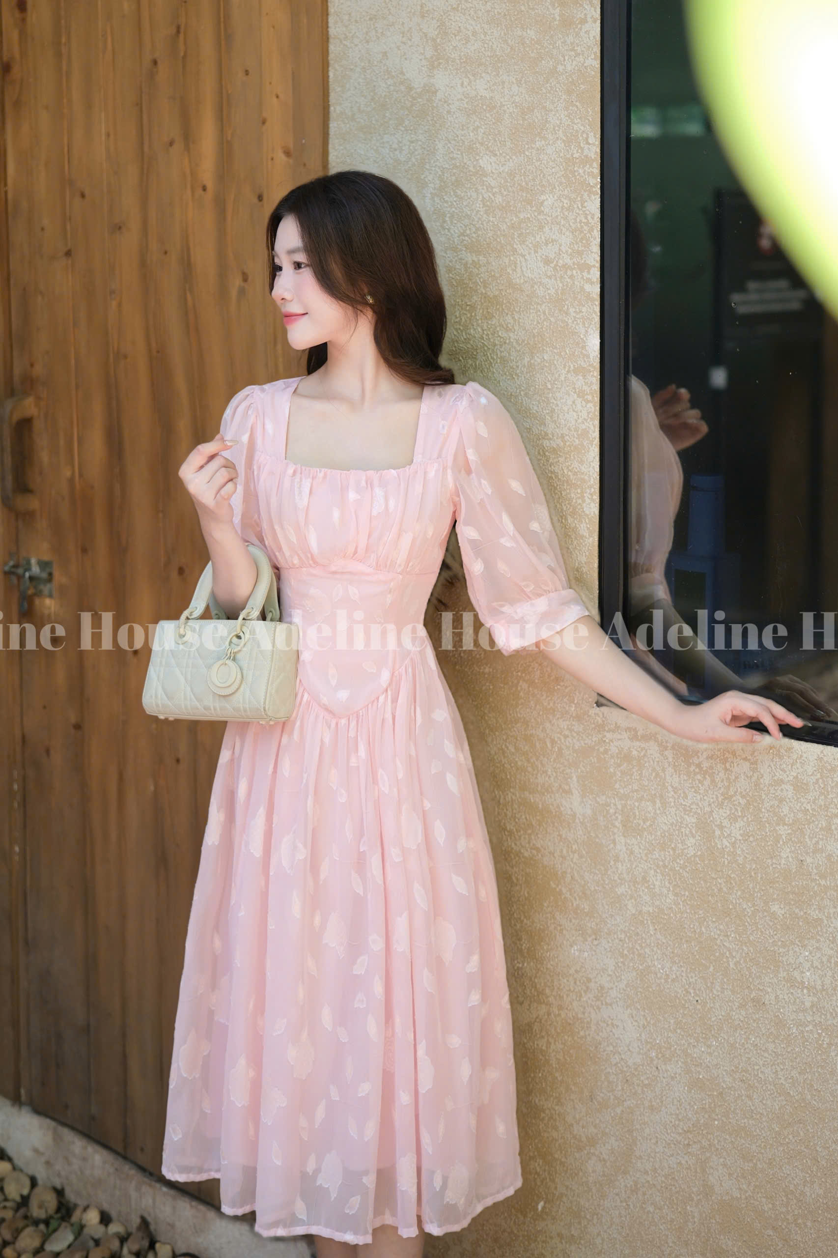 ADELINE HOUSE- Váy Hồng Xinh&nbsp;Vintage Tay Phồng Dáng Midi Nữ Tính-TK09.1 Màu Hồng