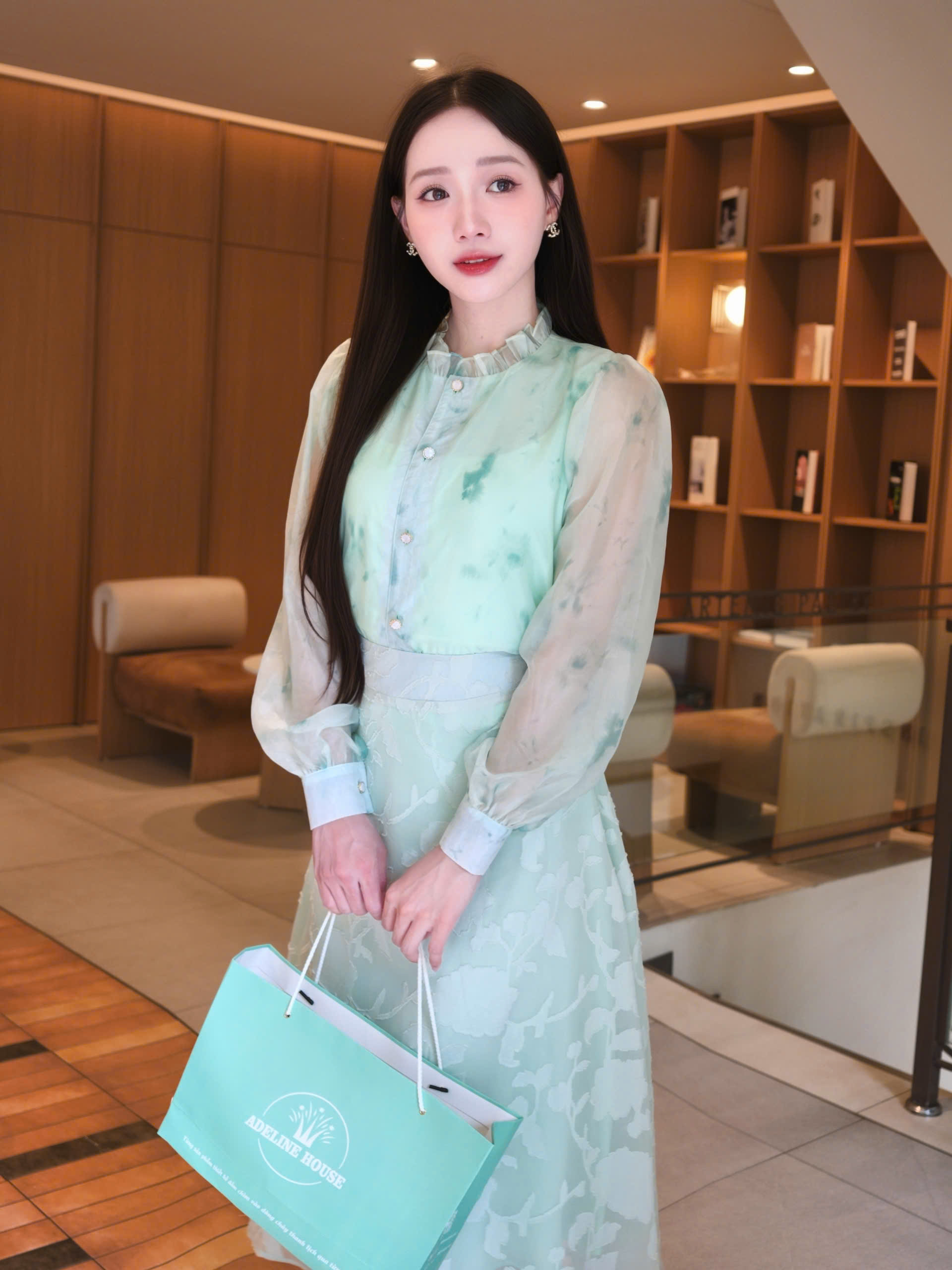 ADELINE HOUSE- SET ÁO Váy Dài Xanh Mint Tay Voan Thanh Lịch- TK161.2 SIZE XS S M L XL 2XL 3XL 4XL