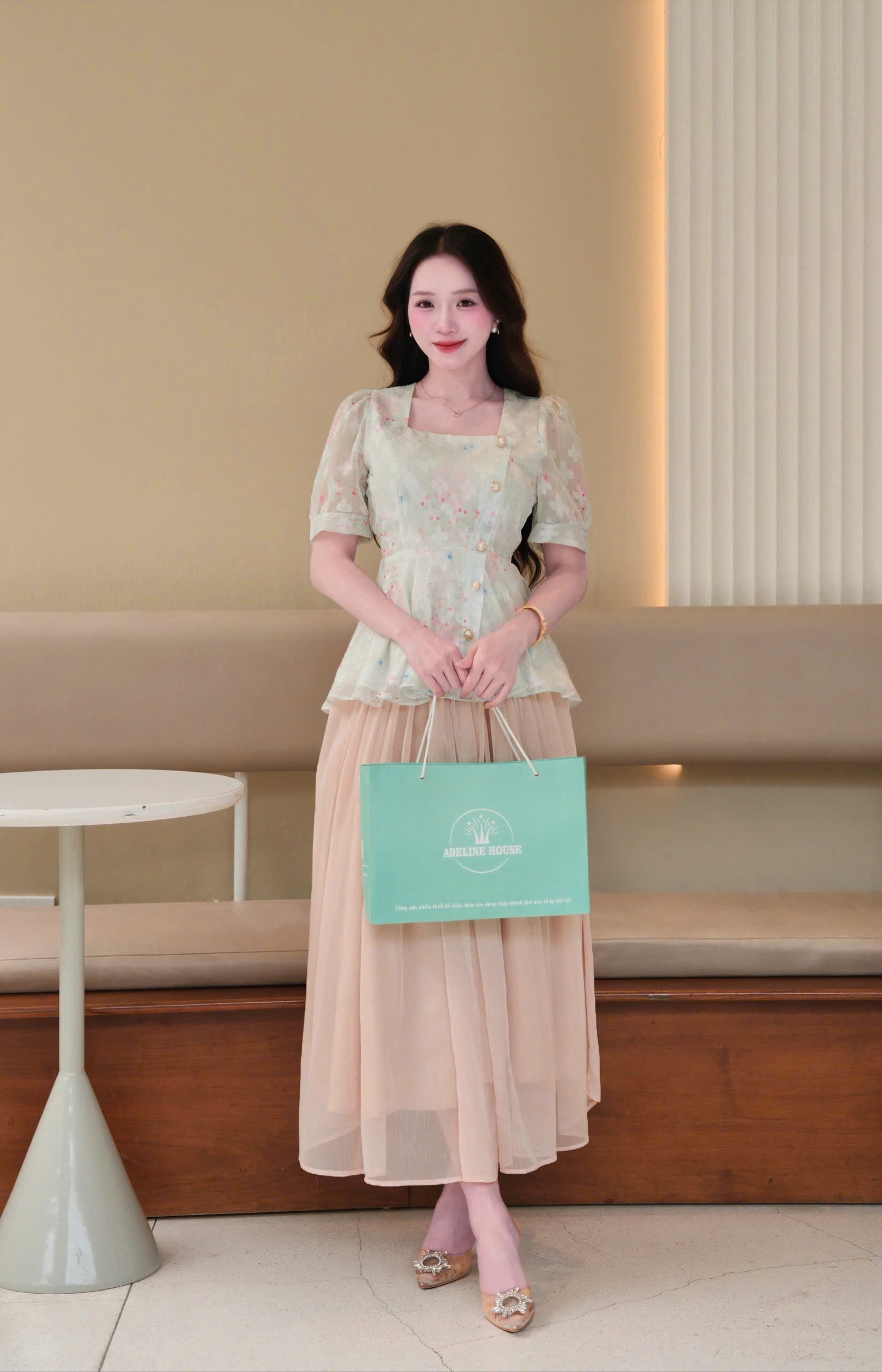 ADELINE HOUSE -  SET ÁO HOA NỔI TAY PHỒNG + CHÂN VÁY MIDI DÀI – TK 181.1 + 166.3