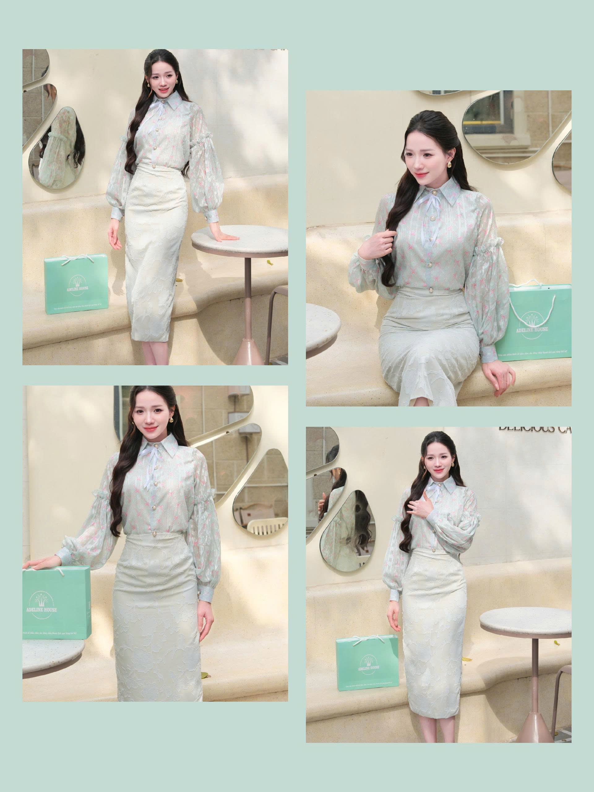 Adeline house - Chân váy MIDI xanh mint thêu ren - TK136.2