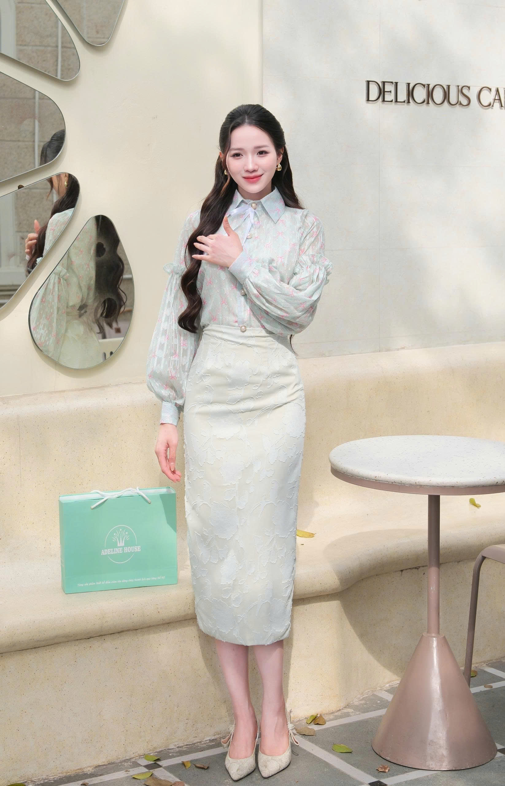 Adeline house - Chân váy MIDI xanh mint thêu ren - TK136.2