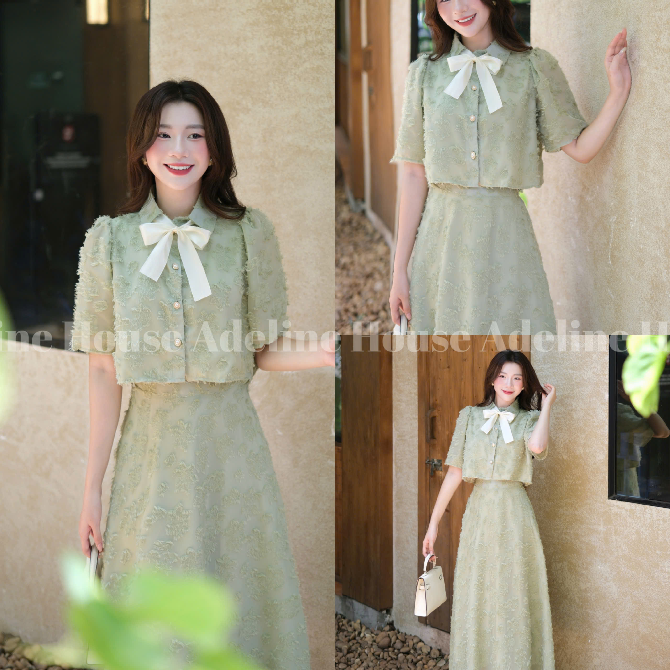 ADELINE HOUSE- Set Áo Croptop Tay Lỡ và Chân Váy Midi Xòe Hoa Nổi Pastel- TK26.1 Xanh mint SIZE S M L XL 2XL 3XL 4XL