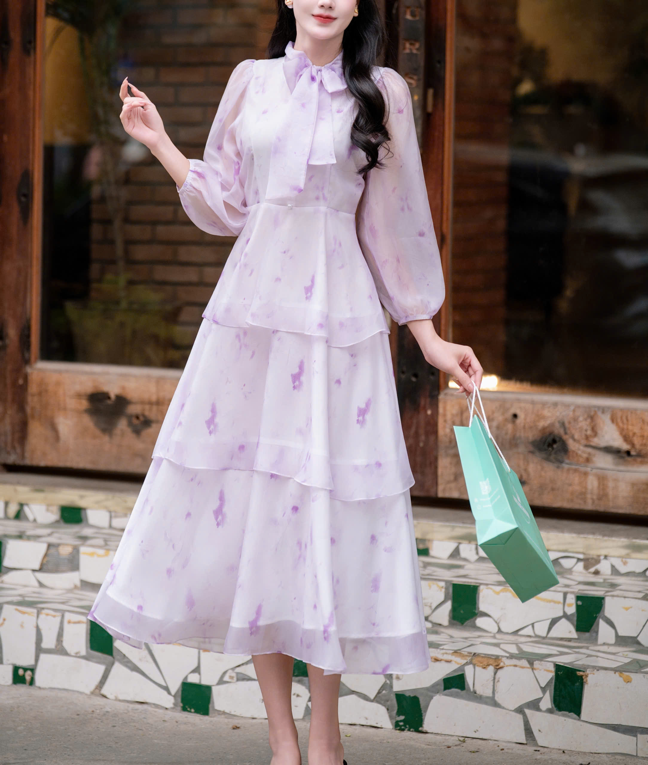 ADELINE HOUSE- Váy Voan 3 tầng nơ cổ Dew Blossom – ADELINE TK148.2 TÍM