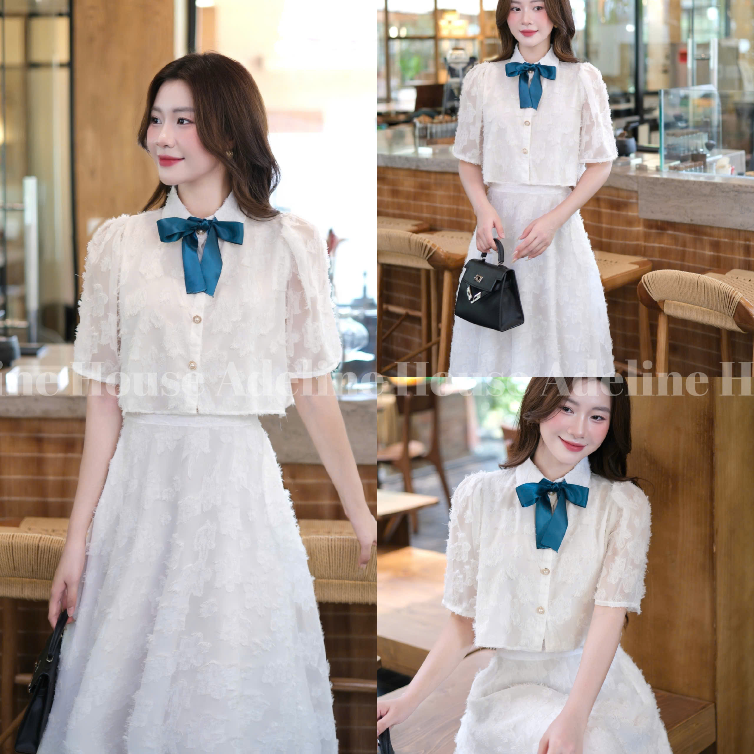 ADELINE HOUSE- Set Áo Croptop Tay Lỡ và Chân Váy Midi Xòe Hoa Nổi Pastel- TK26.2+TK26.3 Trắng+Be SIZE S M L XL 2XL 3XL 4XL