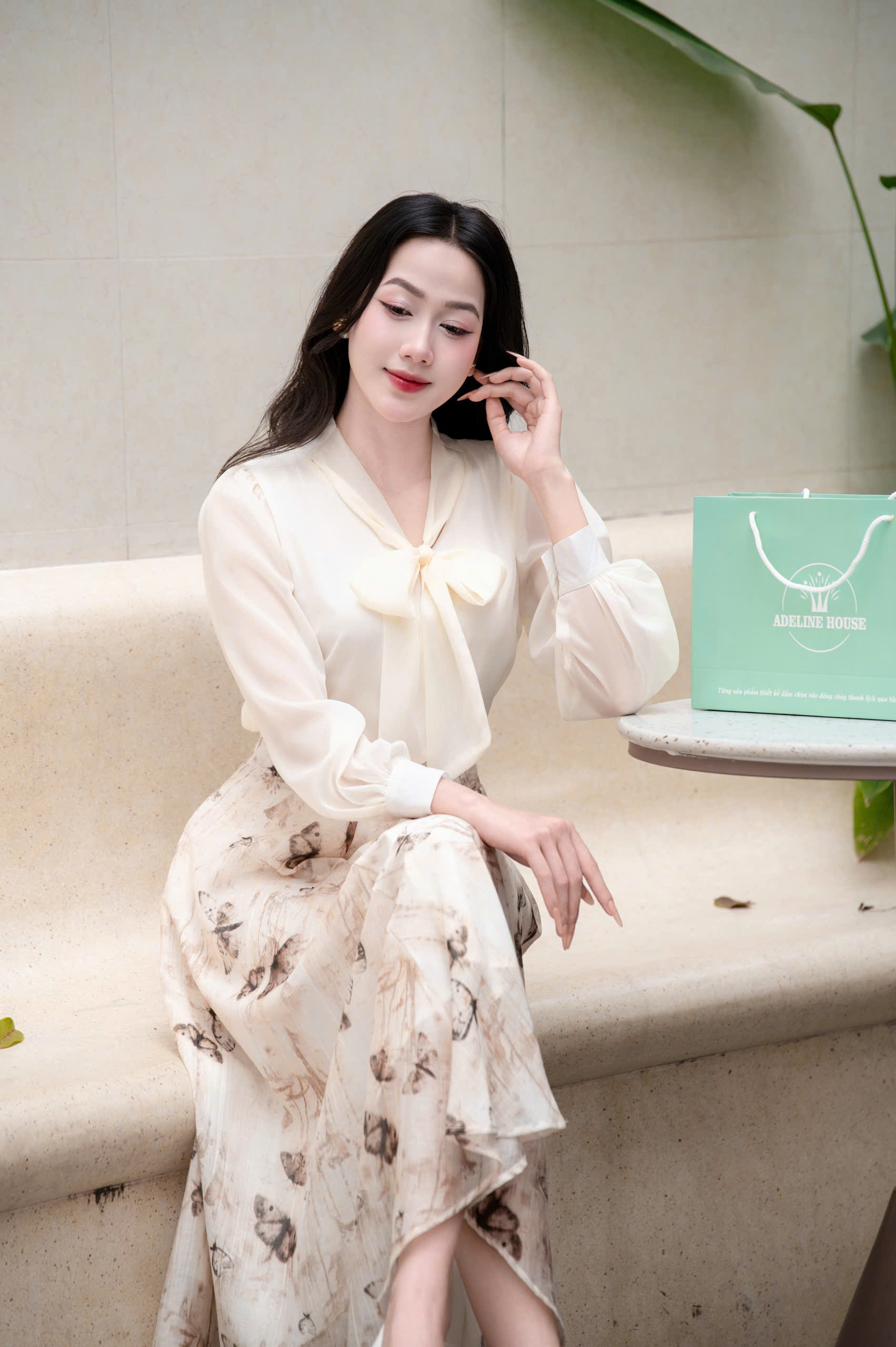 ADELINE HOUSE- Set Áo Nơ Voan + Chân Váy Hoa Lê Nâu Dáng Dài Thanh Lịch- TK155.4