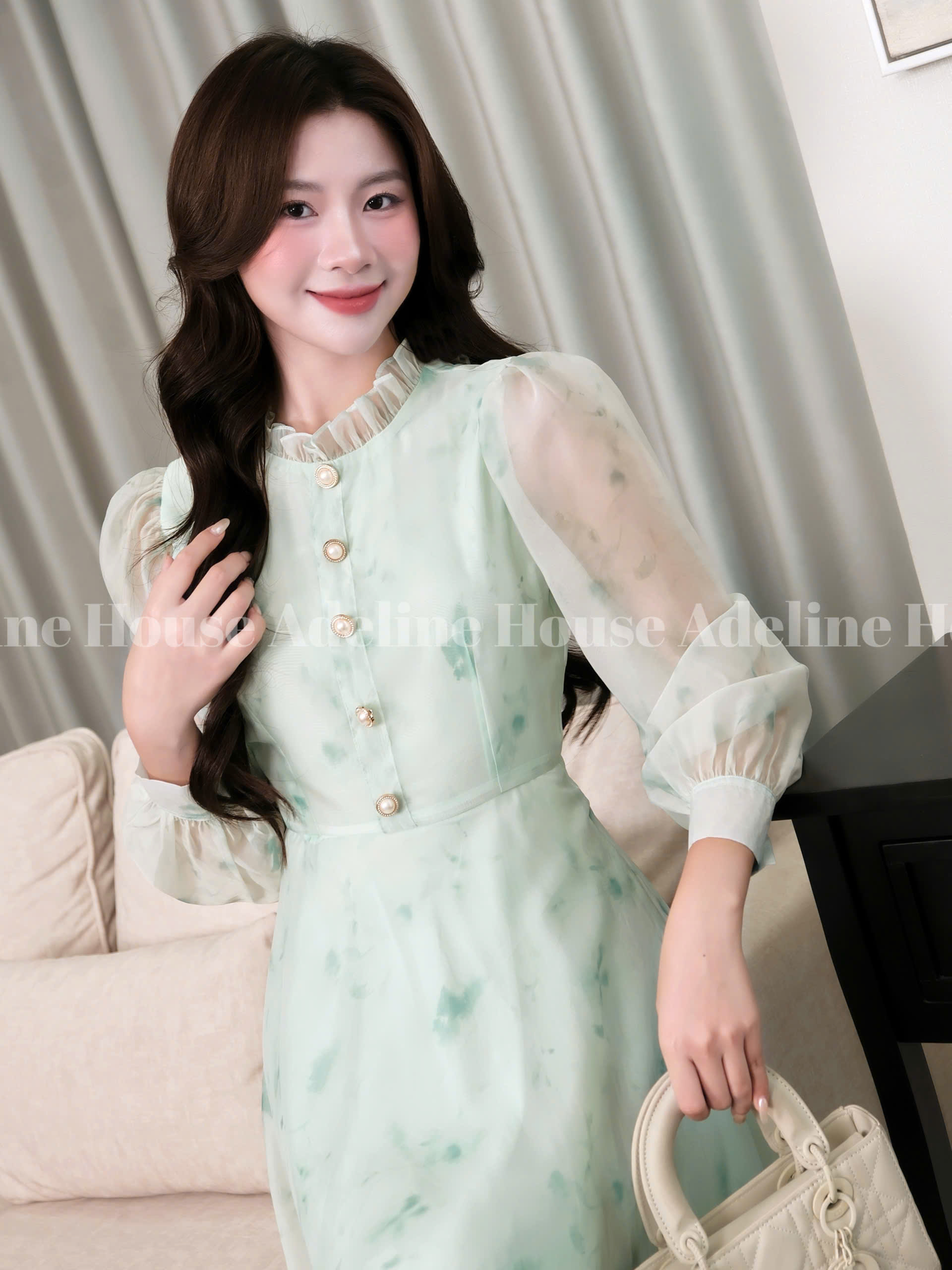 ADELINE HOUSE- Đầm Xanh Voan Dáng Dài Cổ Bèo – Váy Thiết Kế Thanh Lịch Adeline- TK61.1 SIZE XS S M L XL 2XL 3XL 4XL