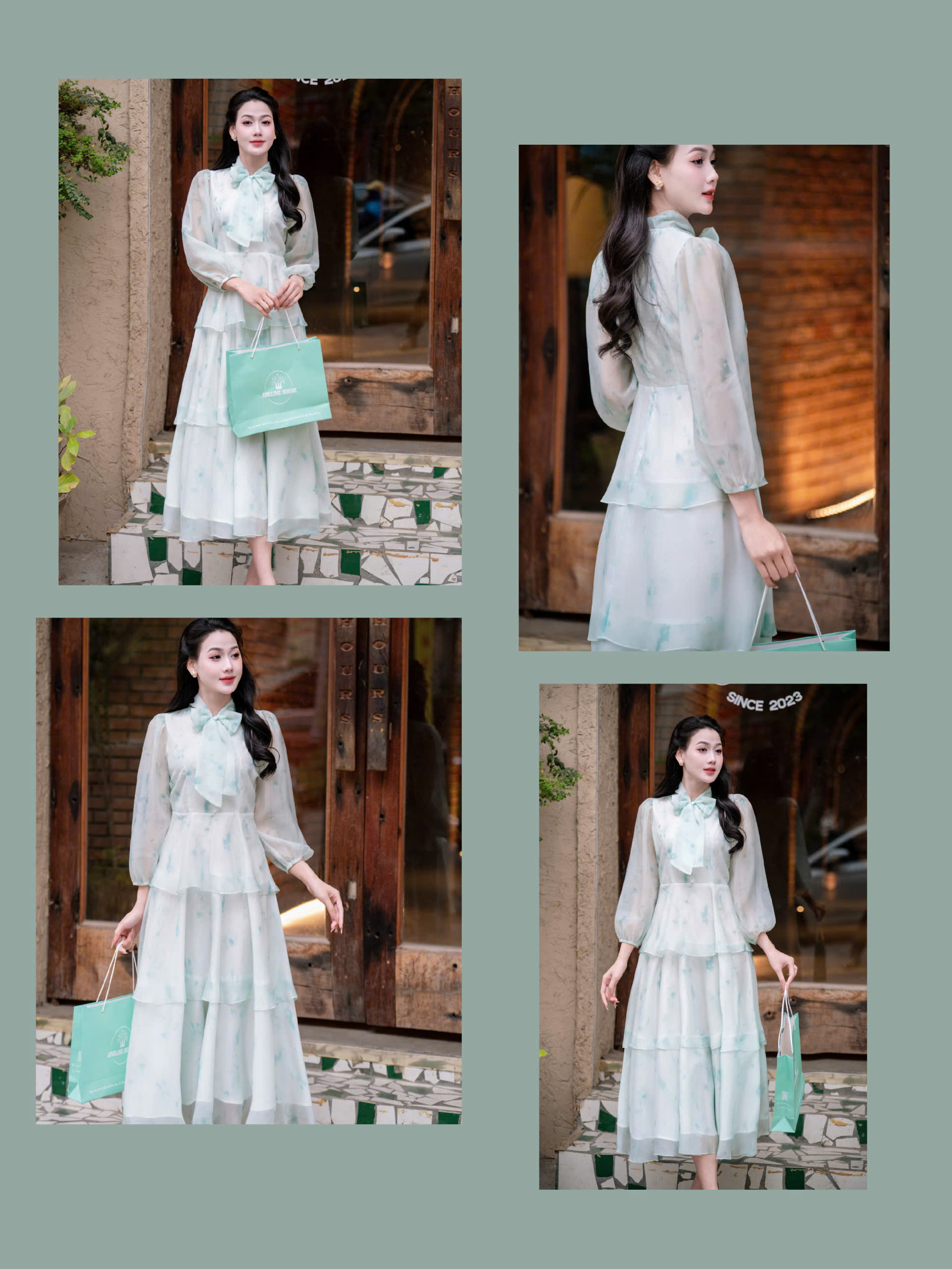 ADELINE HOUSE- Váy Voan 3 tầng nơ cổ Dew Blossom – ADELINE TK148.1 Xanh