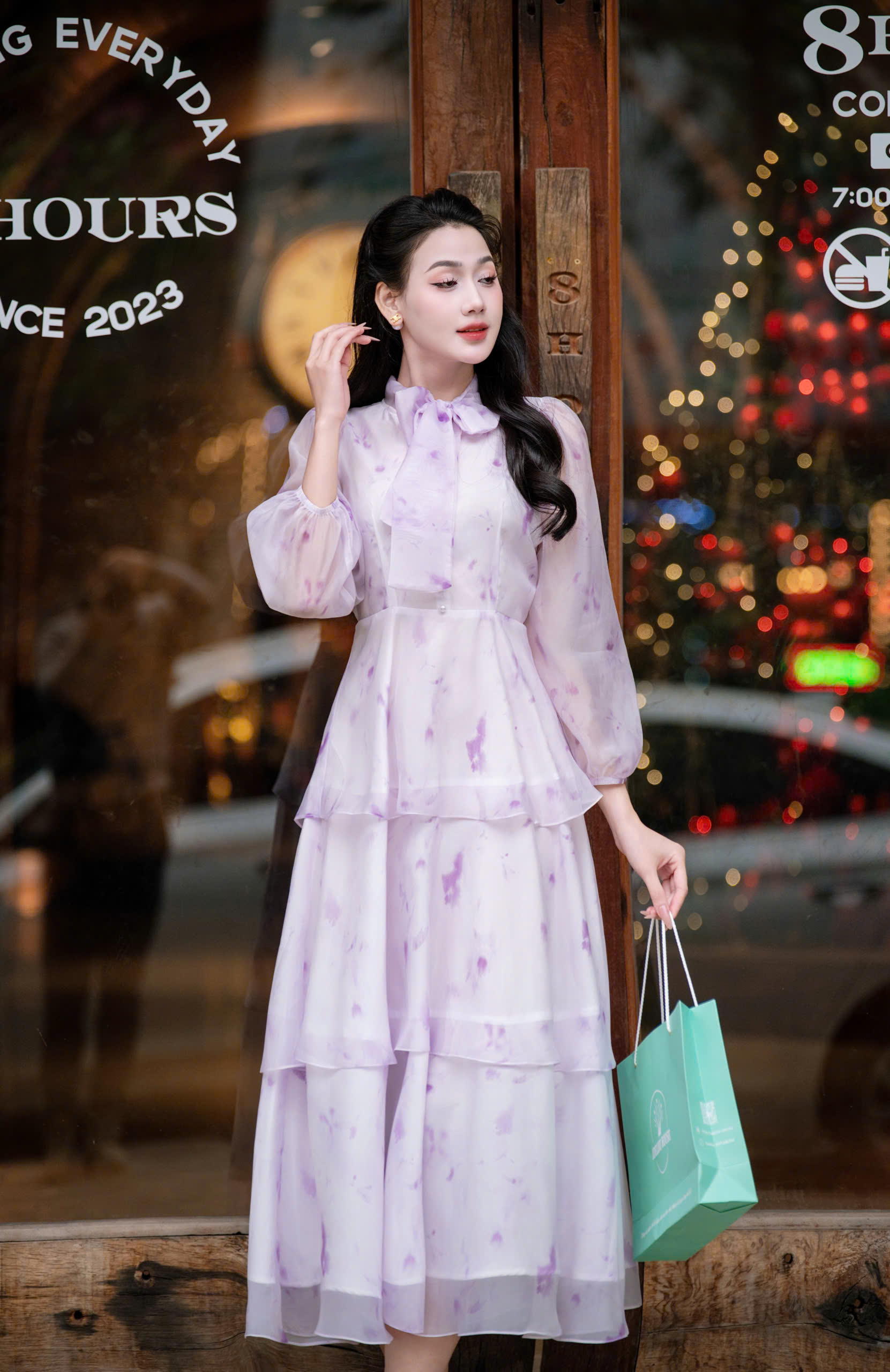 ADELINE HOUSE- Váy Voan 3 tầng nơ cổ Dew Blossom – ADELINE TK148.2 TÍM