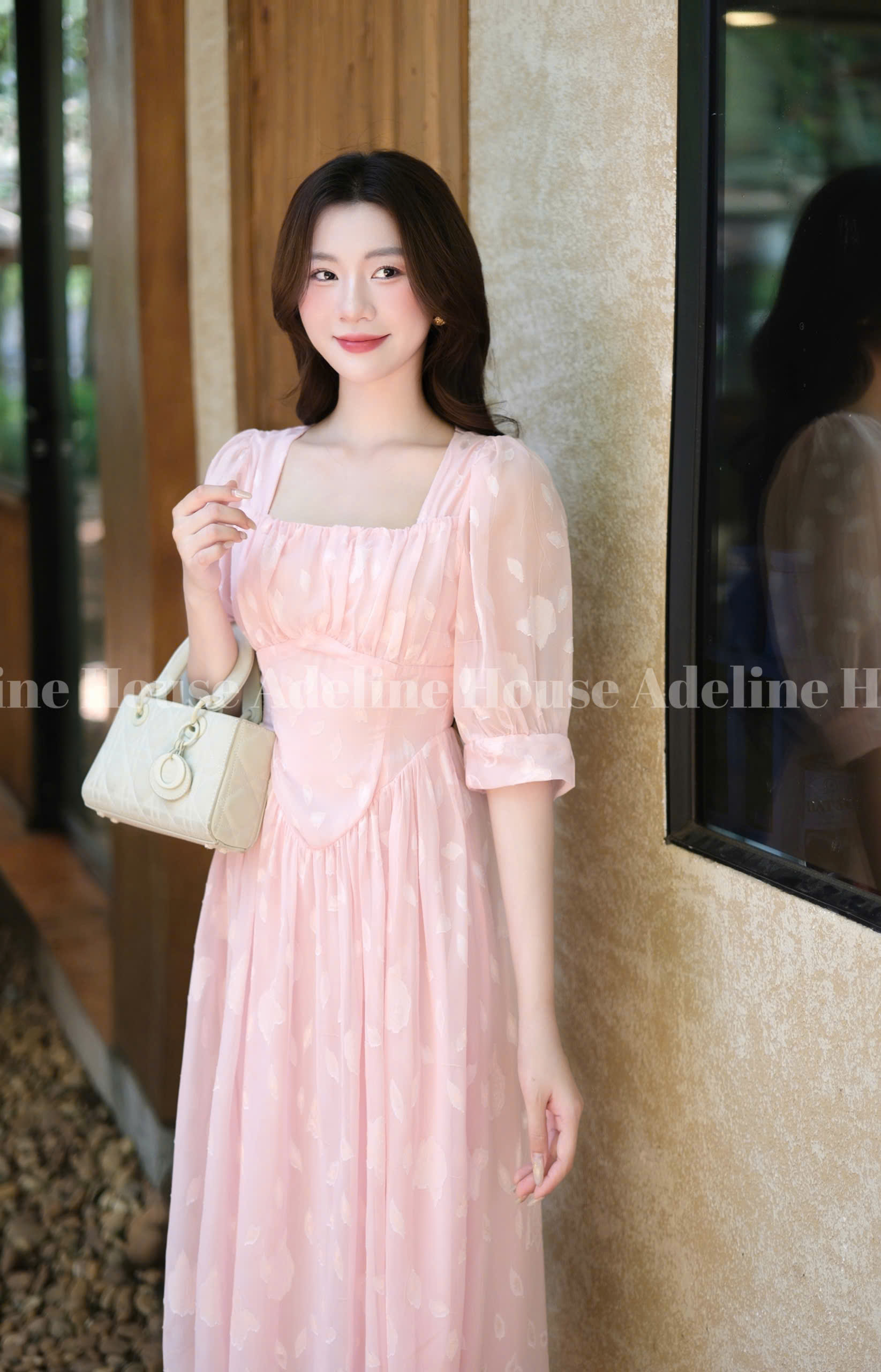ADELINE HOUSE- Váy Hồng Xinh&nbsp;Vintage Tay Phồng Dáng Midi Nữ Tính-TK09.1 Màu Hồng