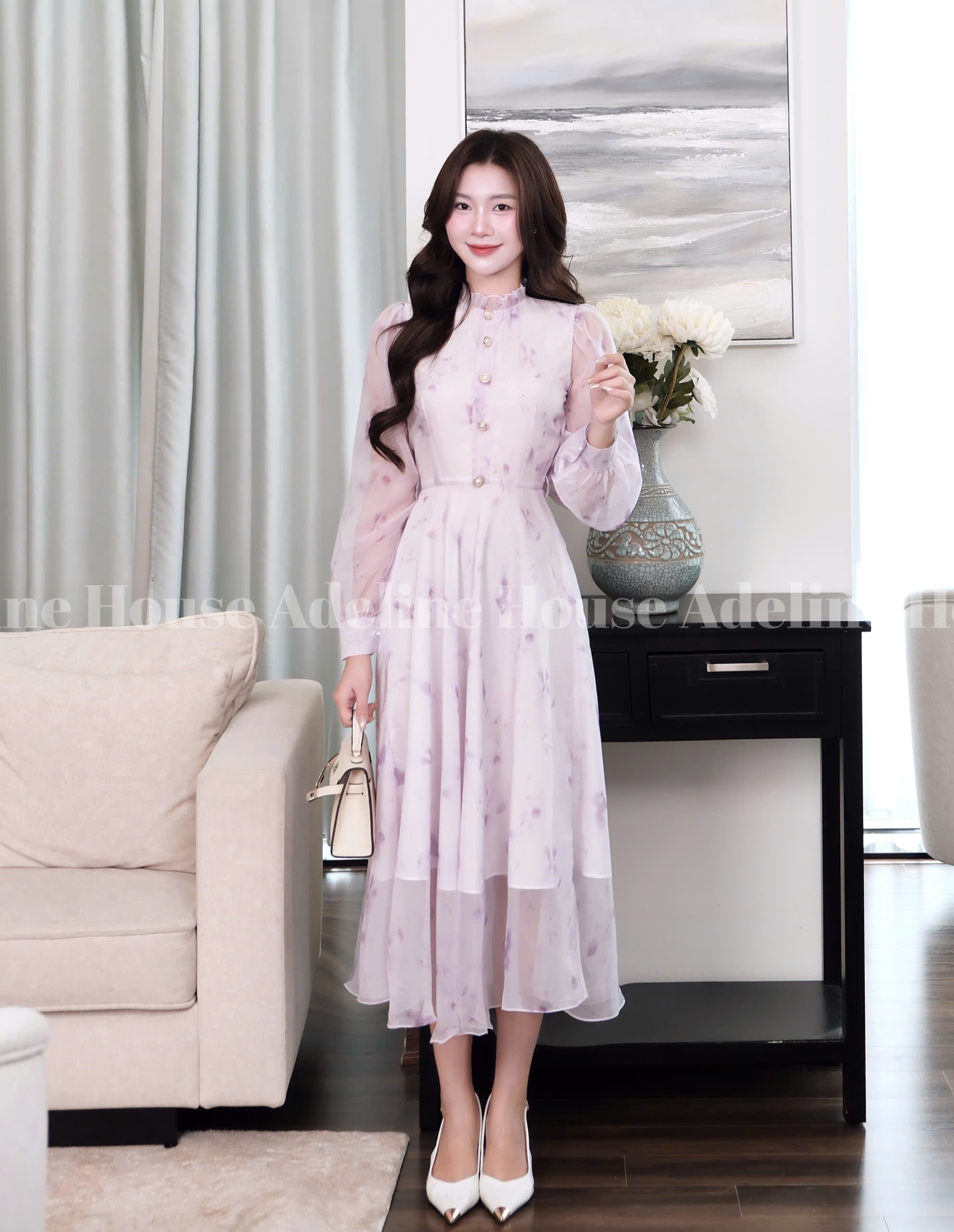 ADELINE- Đầm Tím Pastel Dáng Dài Cổ Bèo – Váy Thiết Kế Thanh Lịch Adeline- TK61.2 SIZE XS S M L XL 2XL 3XL 4XL
