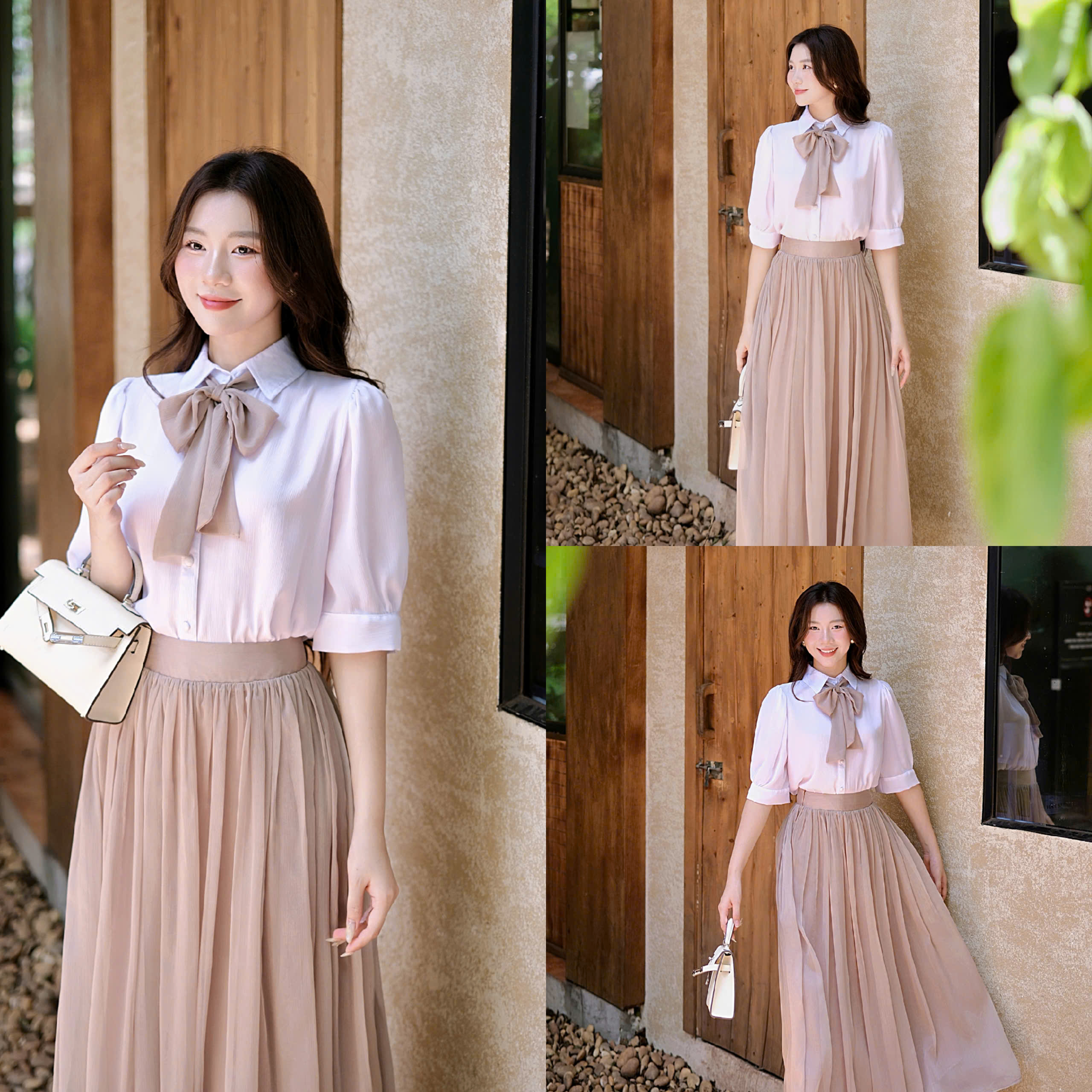 ADELINE HOUSE- Set Tiểu Thư Áo Sơ Mi Nơ Cổ Chân Váy Midi Xếp Ly- TK28.1 NÂU SIZE XS S M L XL 2XL 3XL 4XL