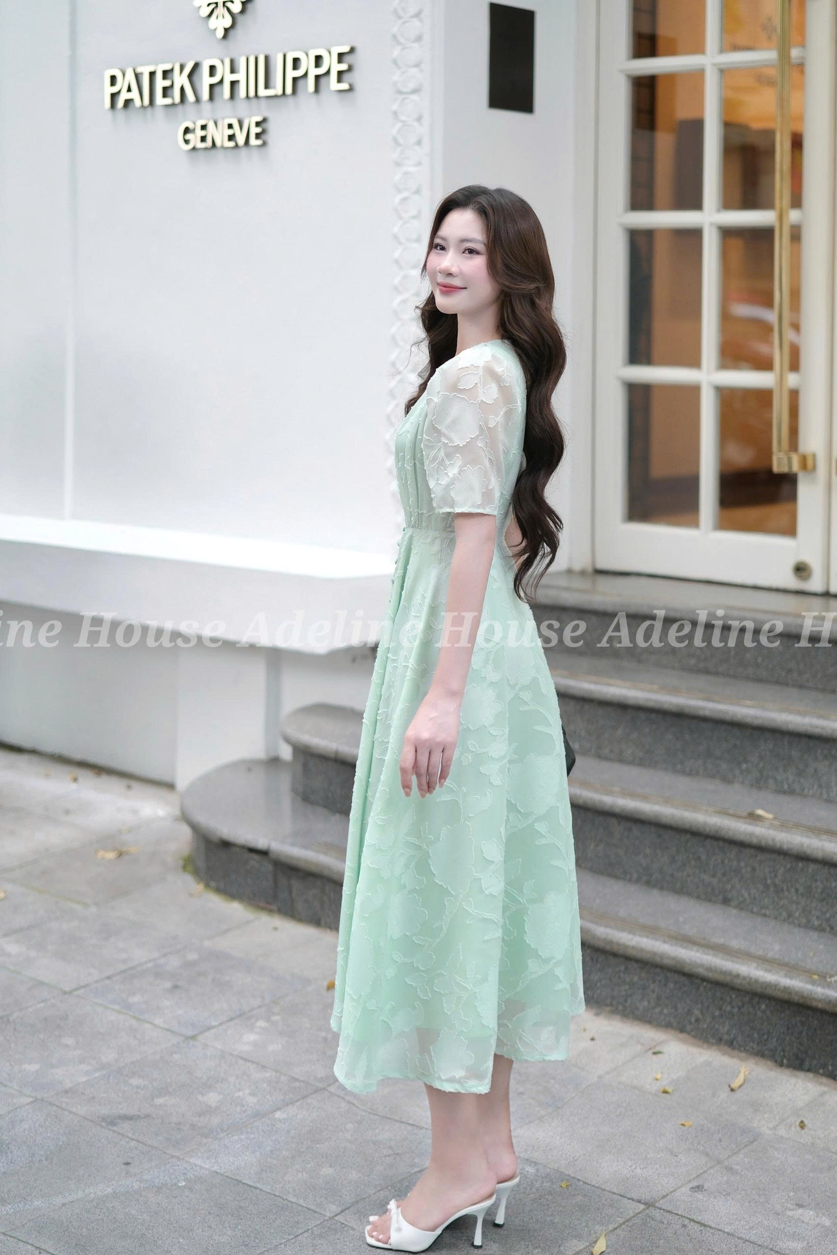 ADELINE HOUSE- Đầm Xòe Voan Xanh – Váy Nữ Cổ V Thanh Lịch Cao Cấp - TK02.3 SIZE XS S M L XL 2XL 3XL 4XL