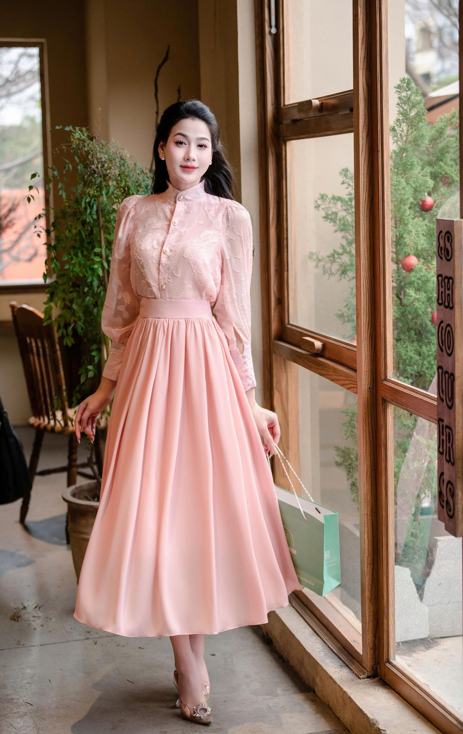 Adeline house -Thiết kế đầm midi màu hồng phấn- TK162.4 SIZE XS S M L XL 2XL 3XL 4XL