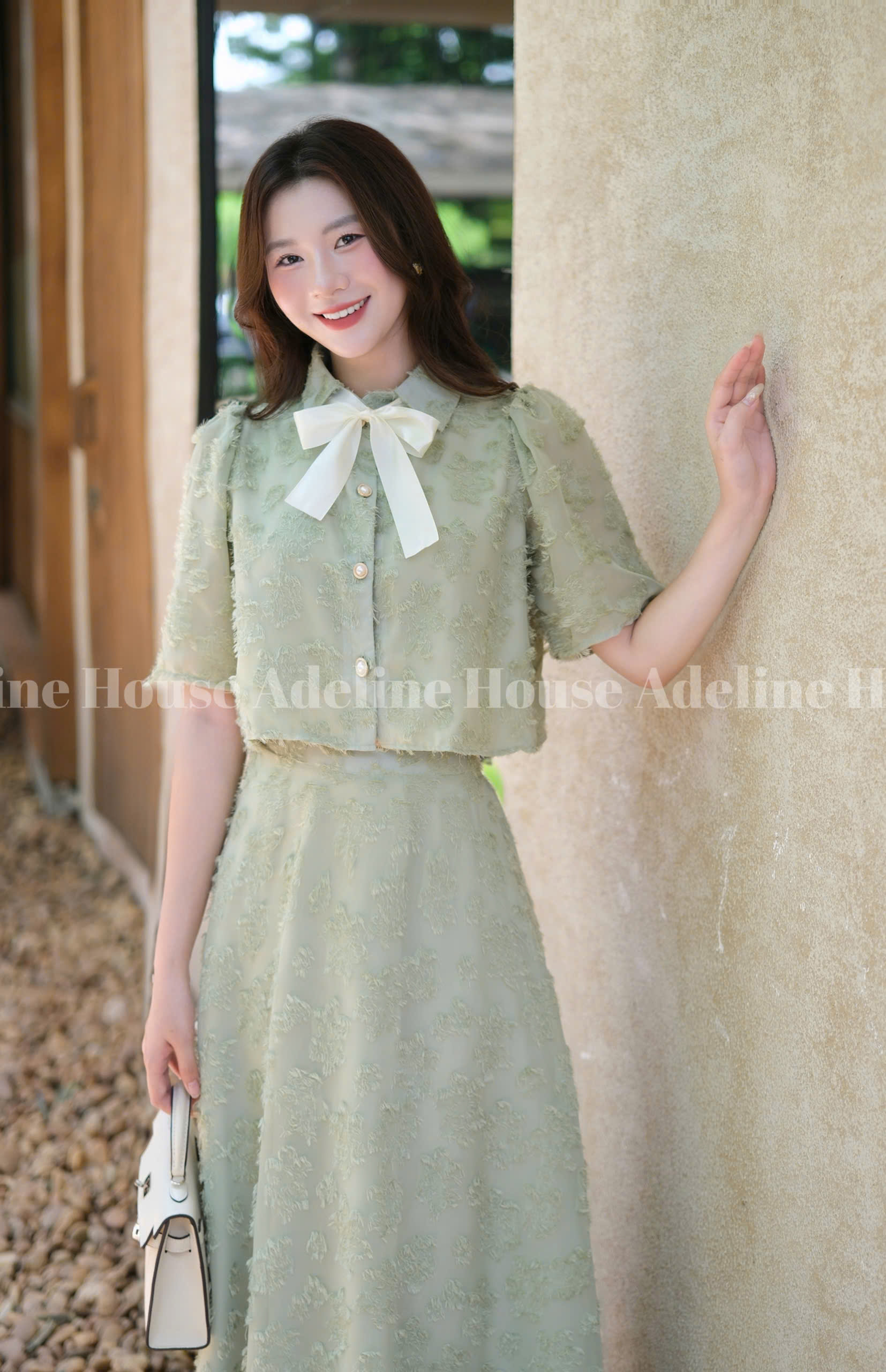ADELINE HOUSE- Set Áo Croptop Tay Lỡ và Chân Váy Midi Xòe Hoa Nổi Pastel- TK26.1 Xanh mint SIZE S M L XL 2XL 3XL 4XL