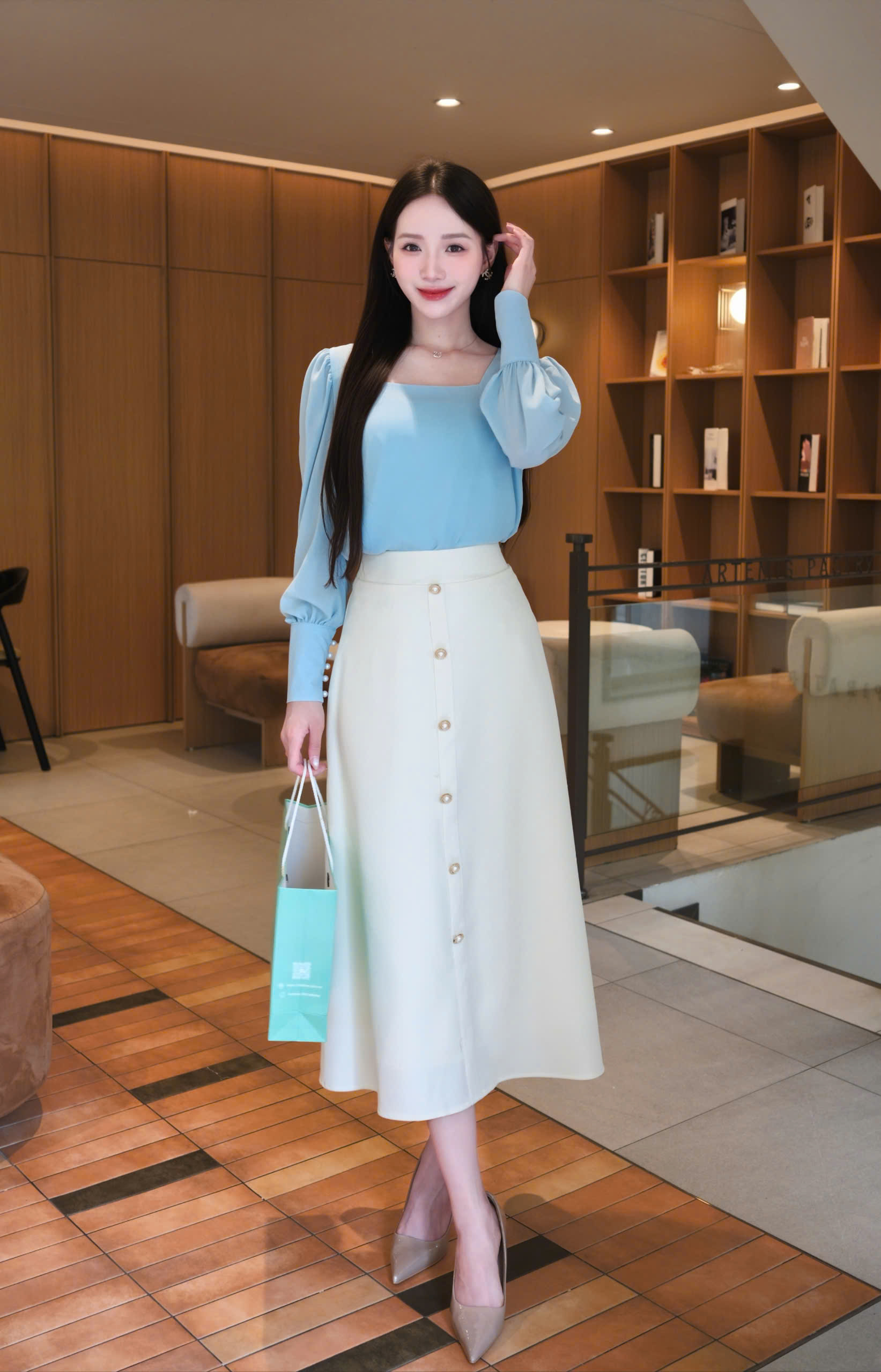 ADELINE HOUSE- SET XANH DƯƠNG PASTEL – CHÂN VÁY KEM DÁNG A- TK163.1