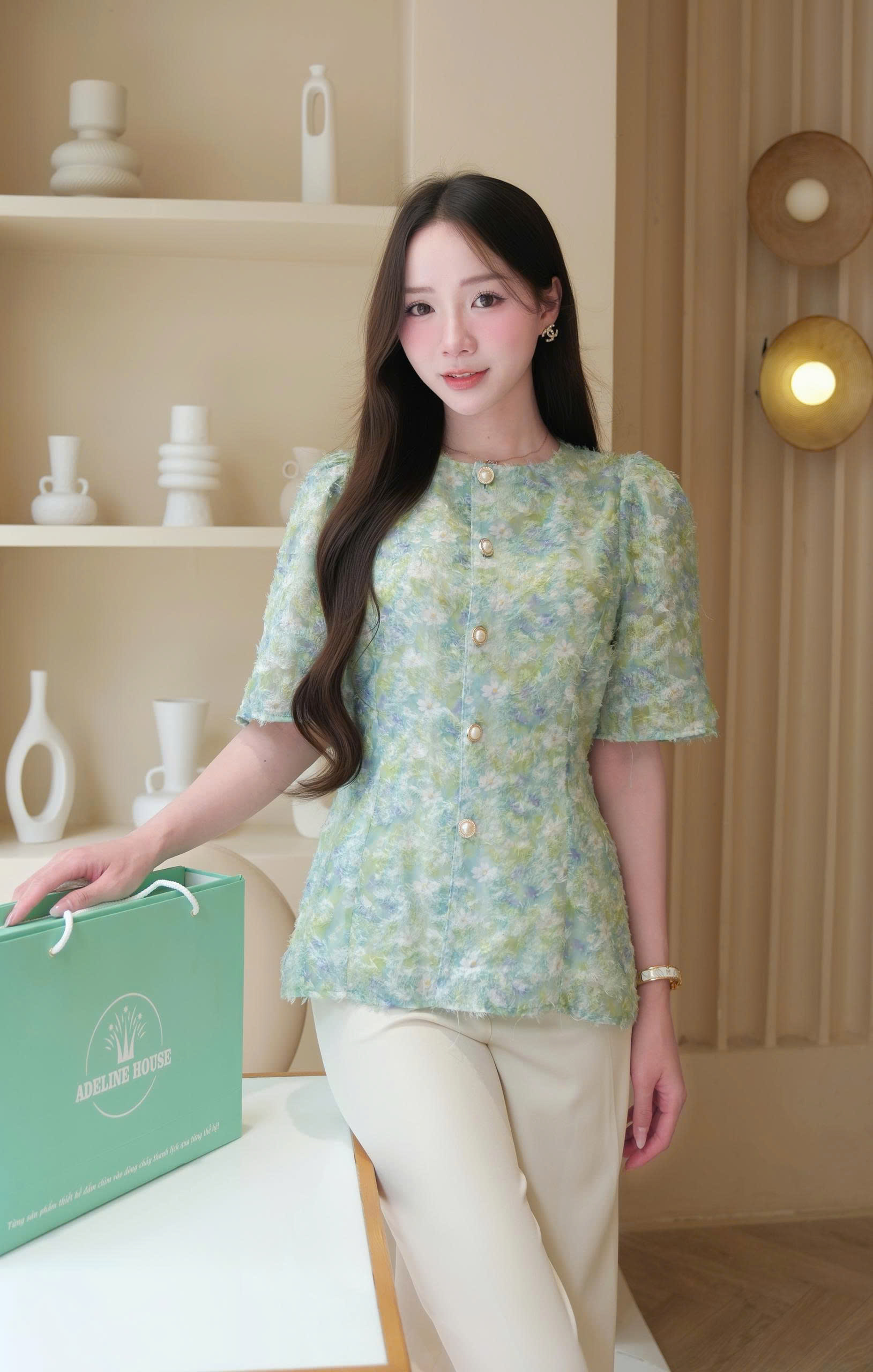 ADELINE HOUSE- SET ÁO HOA XANH + QUẦN SUÔNG THANH LỊCH - TK151.2 + TK189.1