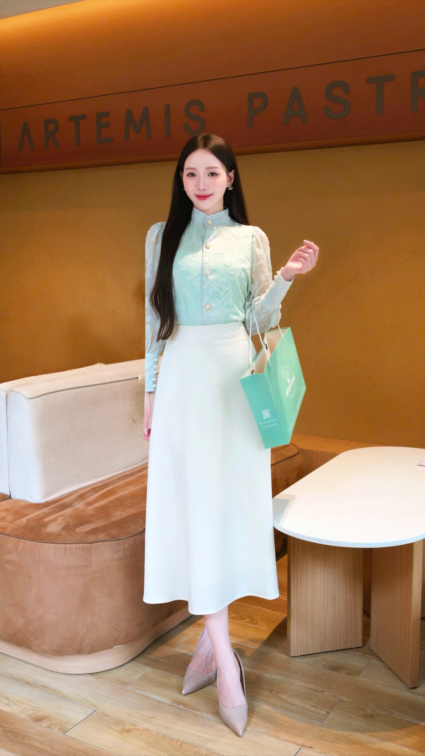 ADELINE HOUSE- SET ÁO VOAN HOA NỔI XANH MINT – CHÂN VÁY A DÁNG DÀI THANH LỊCH- TK162.5 SIZE XS S M L XL 2XL 3XL 4XL