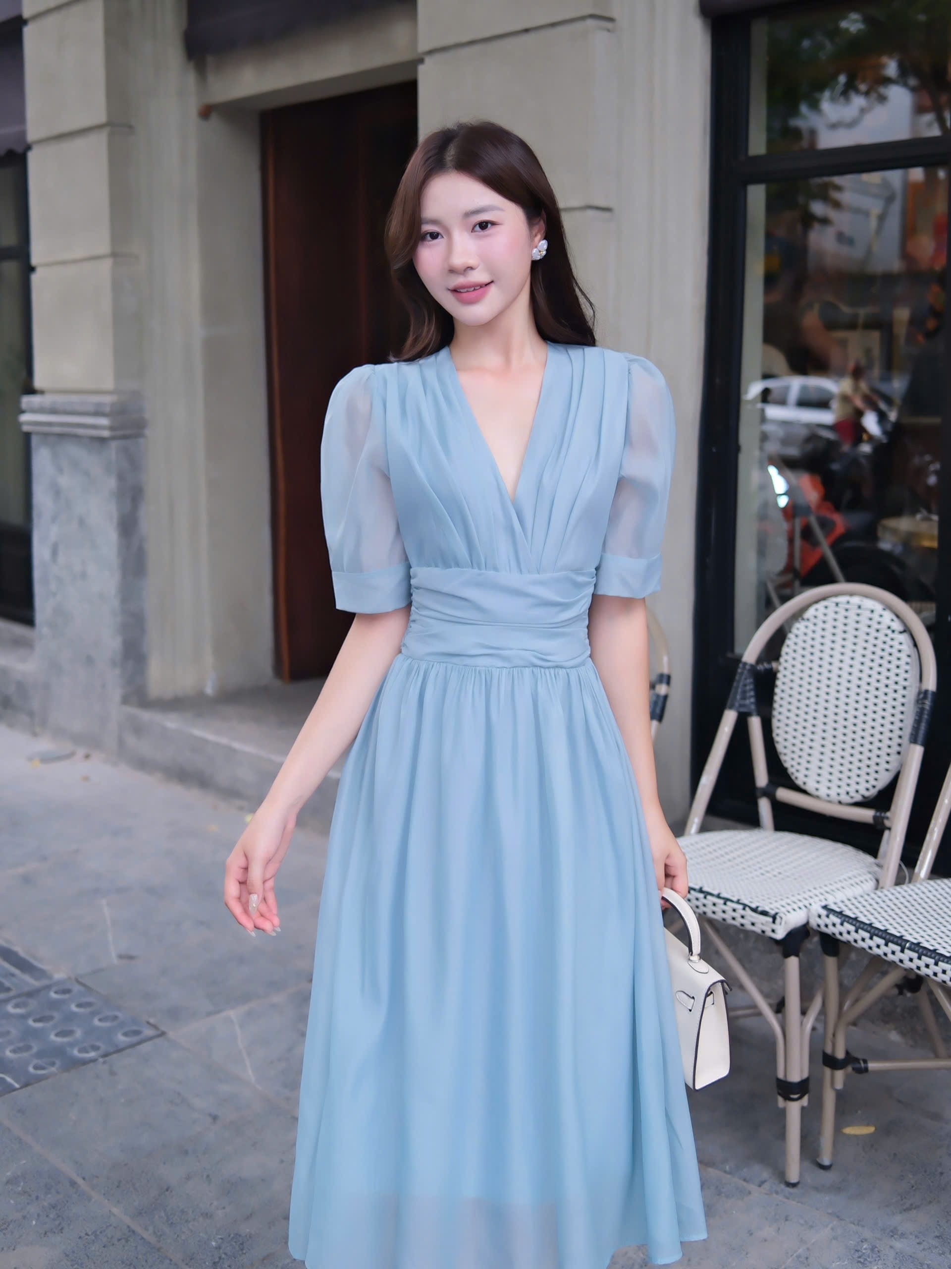 ADELINE HOUSE Đầm Voan Xanh Ngọc  Thanh Lịch Dáng Midi- TK39.1