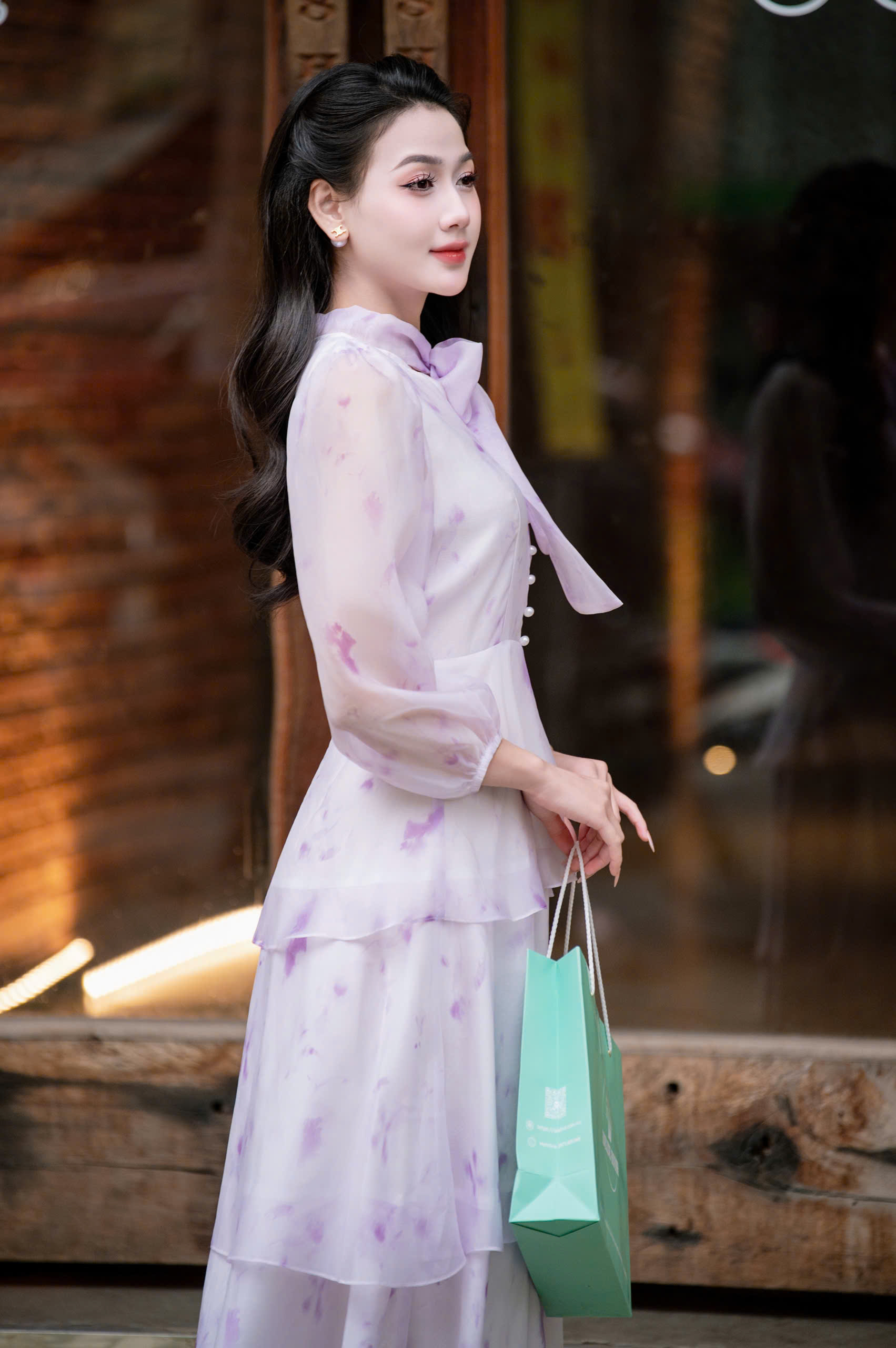 ADELINE HOUSE- Váy Voan 3 tầng nơ cổ Dew Blossom – ADELINE TK148.2 TÍM